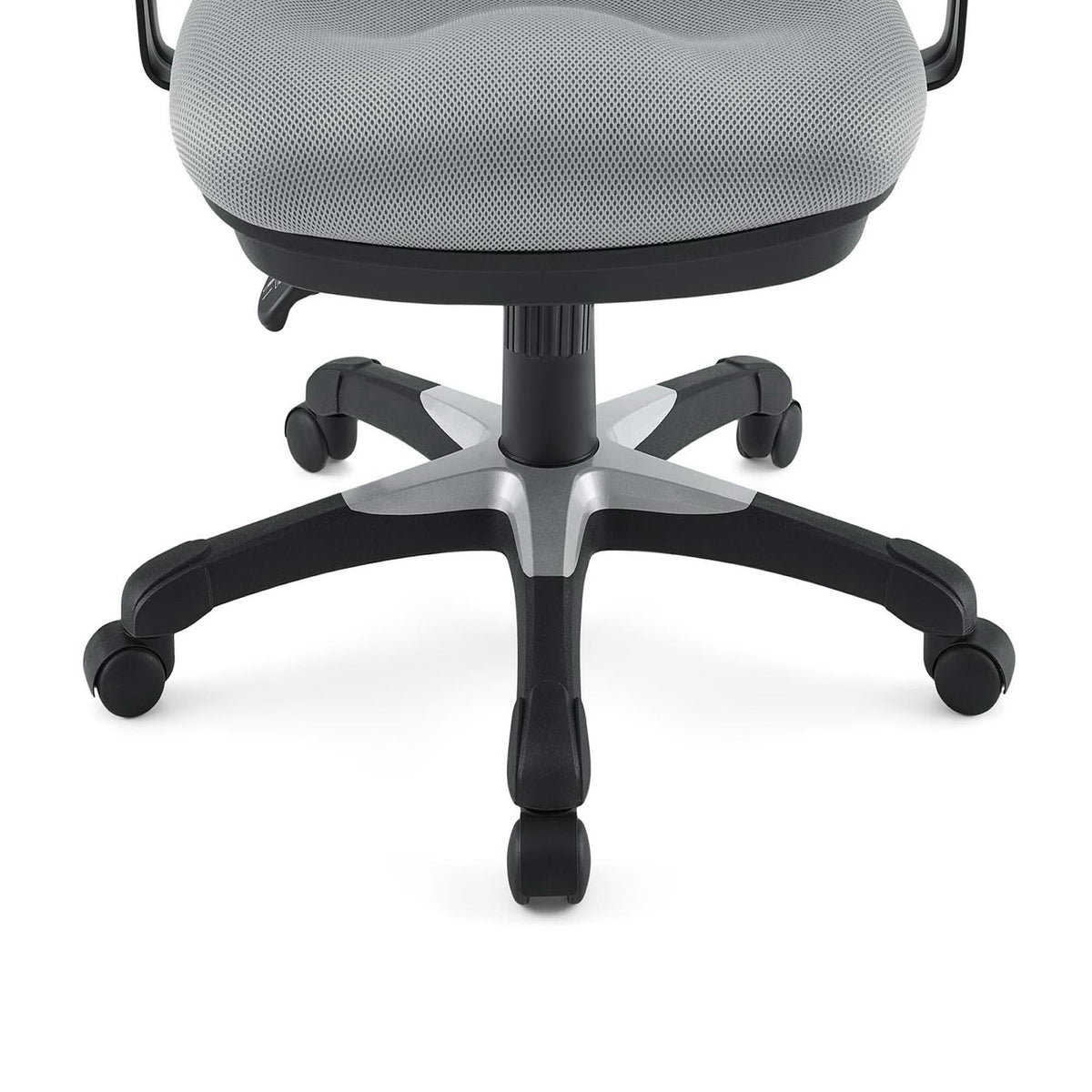 Five-spoke wheeled base supports the plush gray seat for easy movement