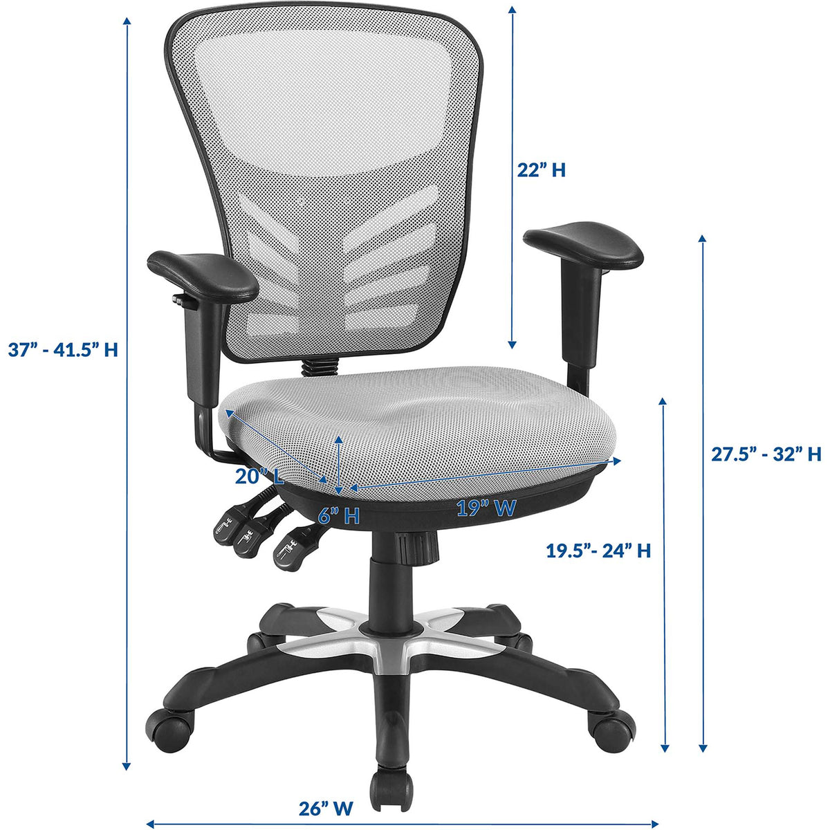 Gray mesh office chair offers a cushioned seat, supportive back, and adjustable arms