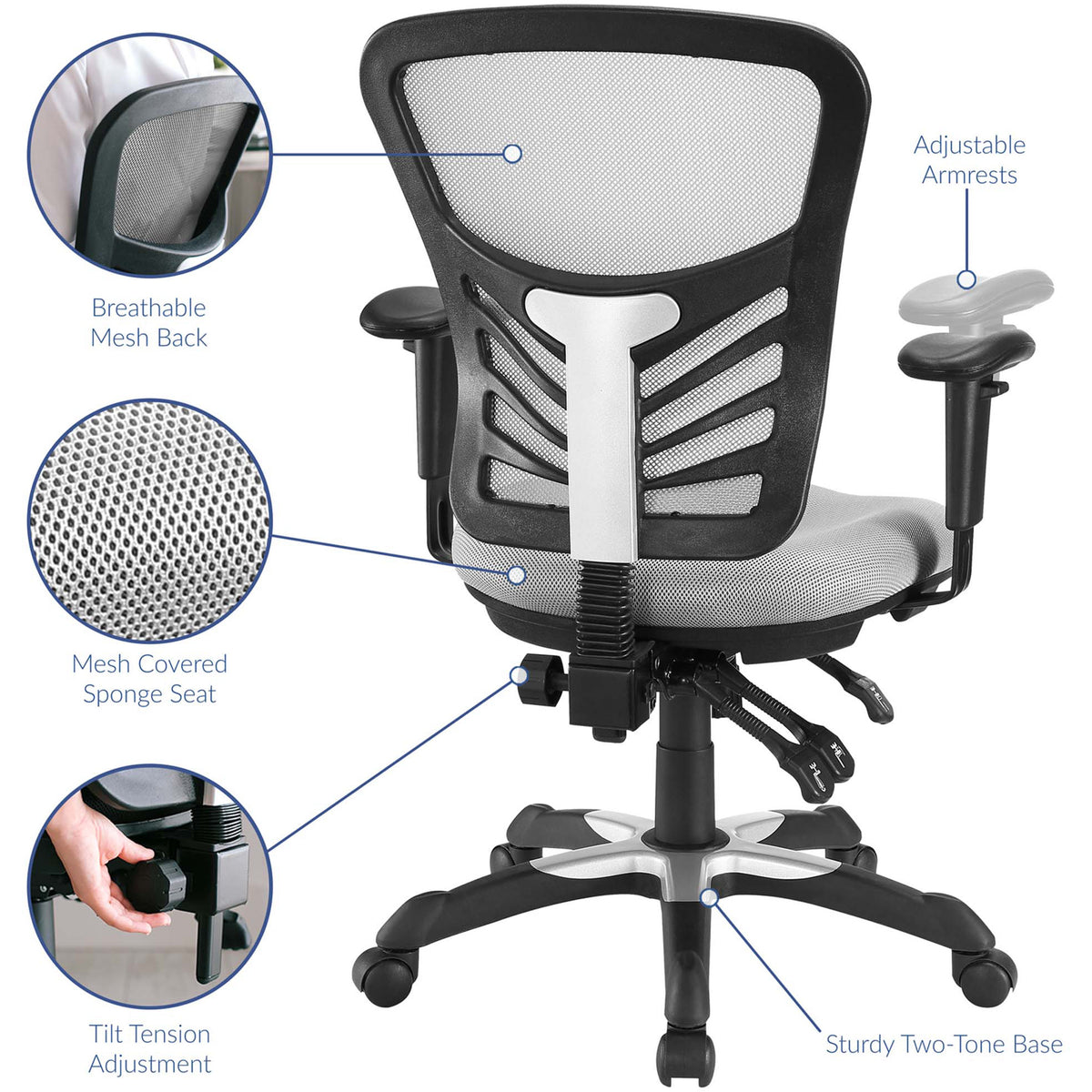 Adjustable armrests and tilt tension complement a breathable mesh back and plush gray seat