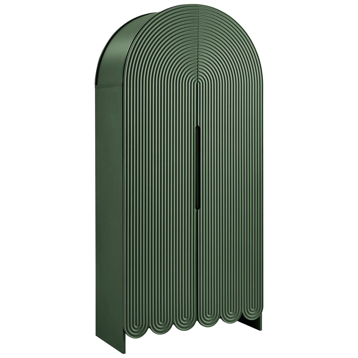 Tall hunter green arched cabinet with fluted doors and scalloped base for bold storage || EEI-7570-HGR || front_angle_studio