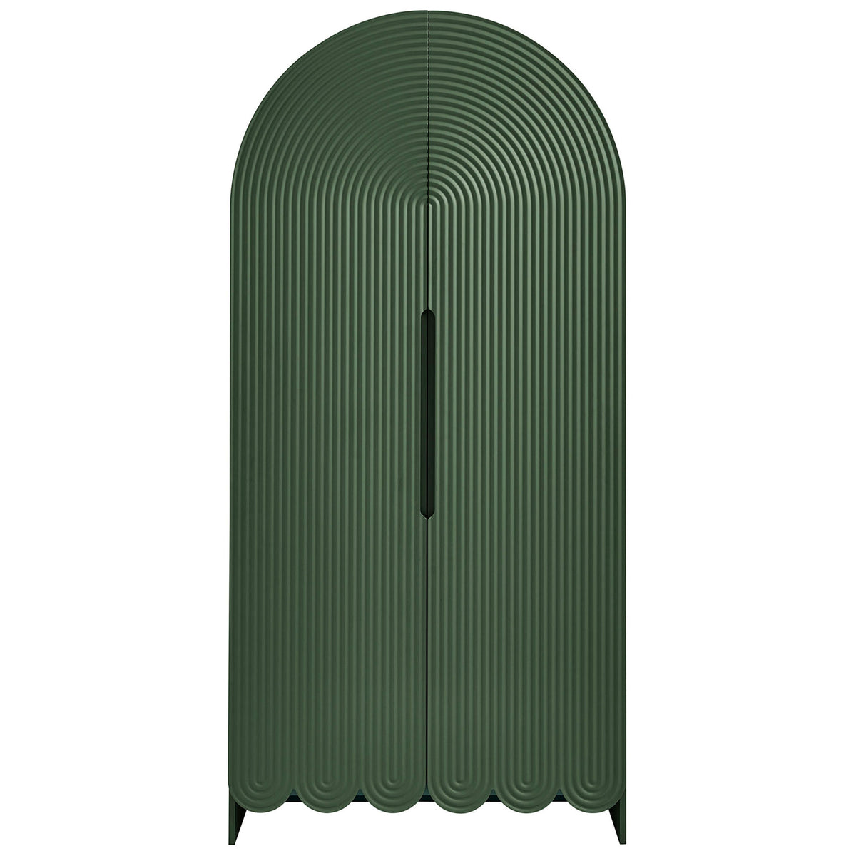 Hunter green fluted arched storage cabinet with slim recessed handle and scalloped base || EEI-7570-HGR || front_studio