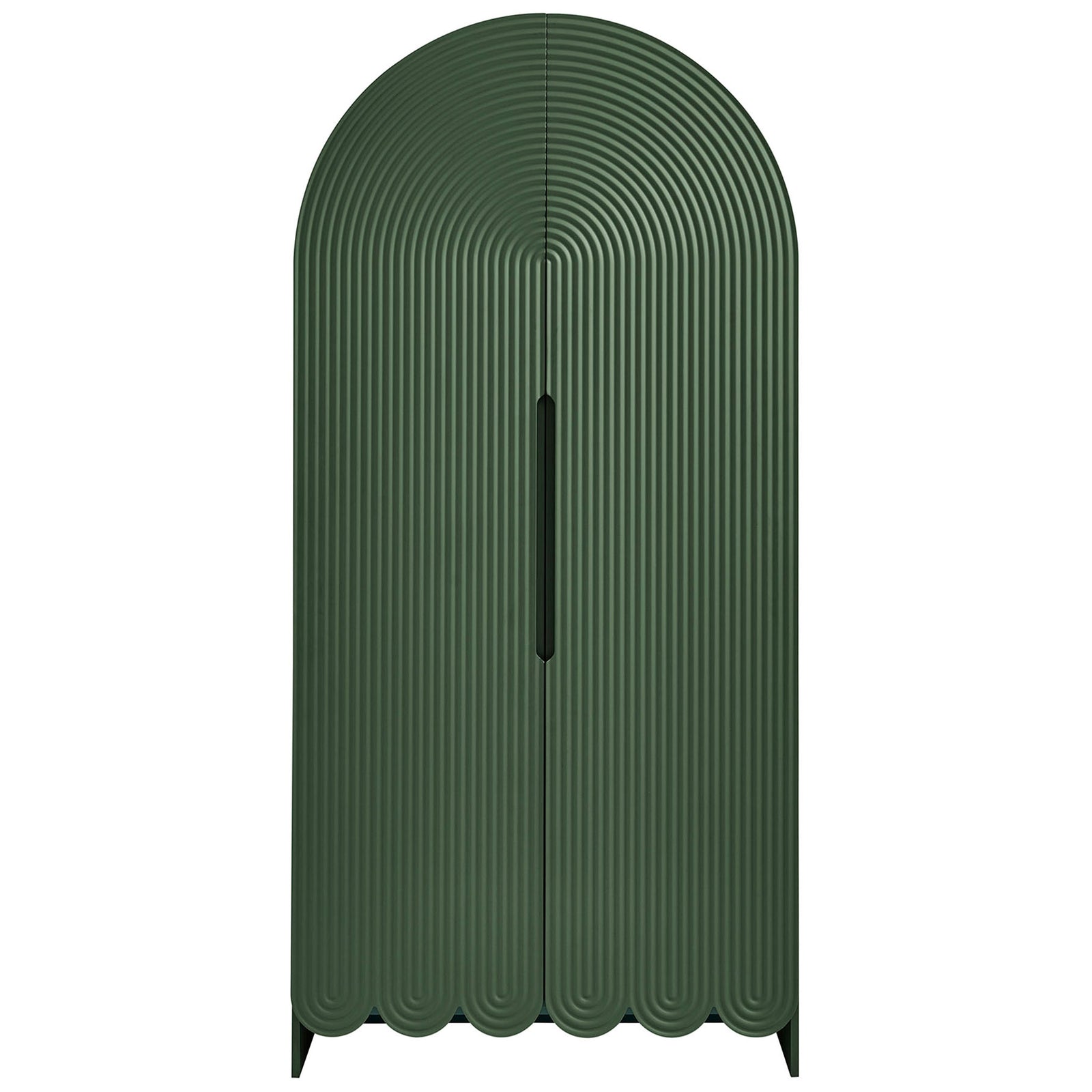 Hunter green fluted arched storage cabinet with slim recessed handle and scalloped base || EEI-7570-HGR || front_studio