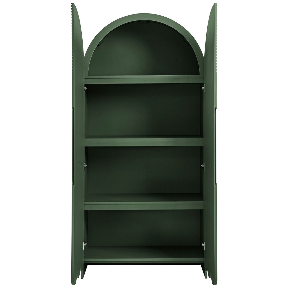 Hunter green Dahlia cabinet with doors open to reveal four spacious fixed interior shelves || EEI-7570-HGR || front_open_studio