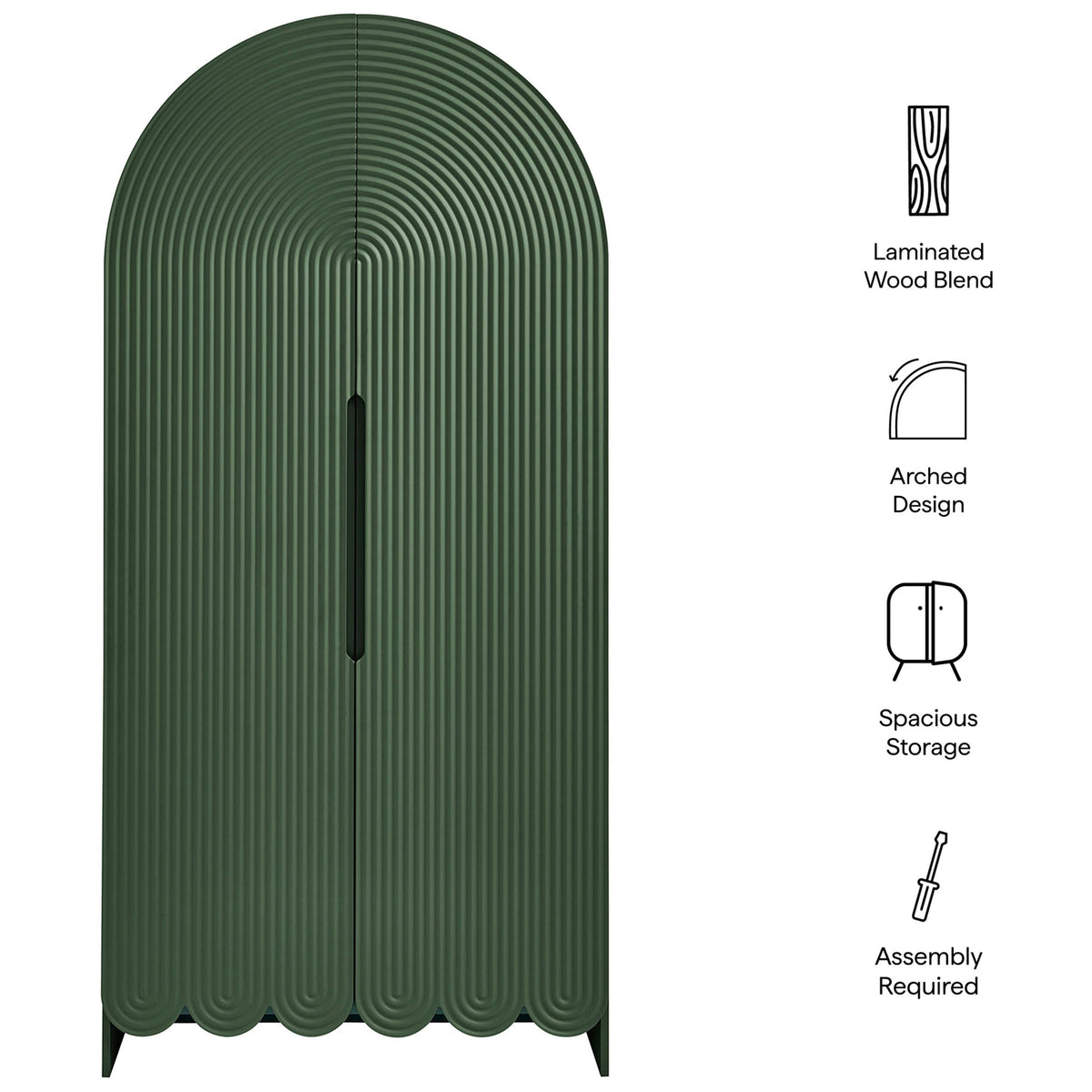 Dahlia hunter green cabinet with illustrated callouts highlighting wood blend, arched design, and storage || EEI-7570-HGR || callout_studio