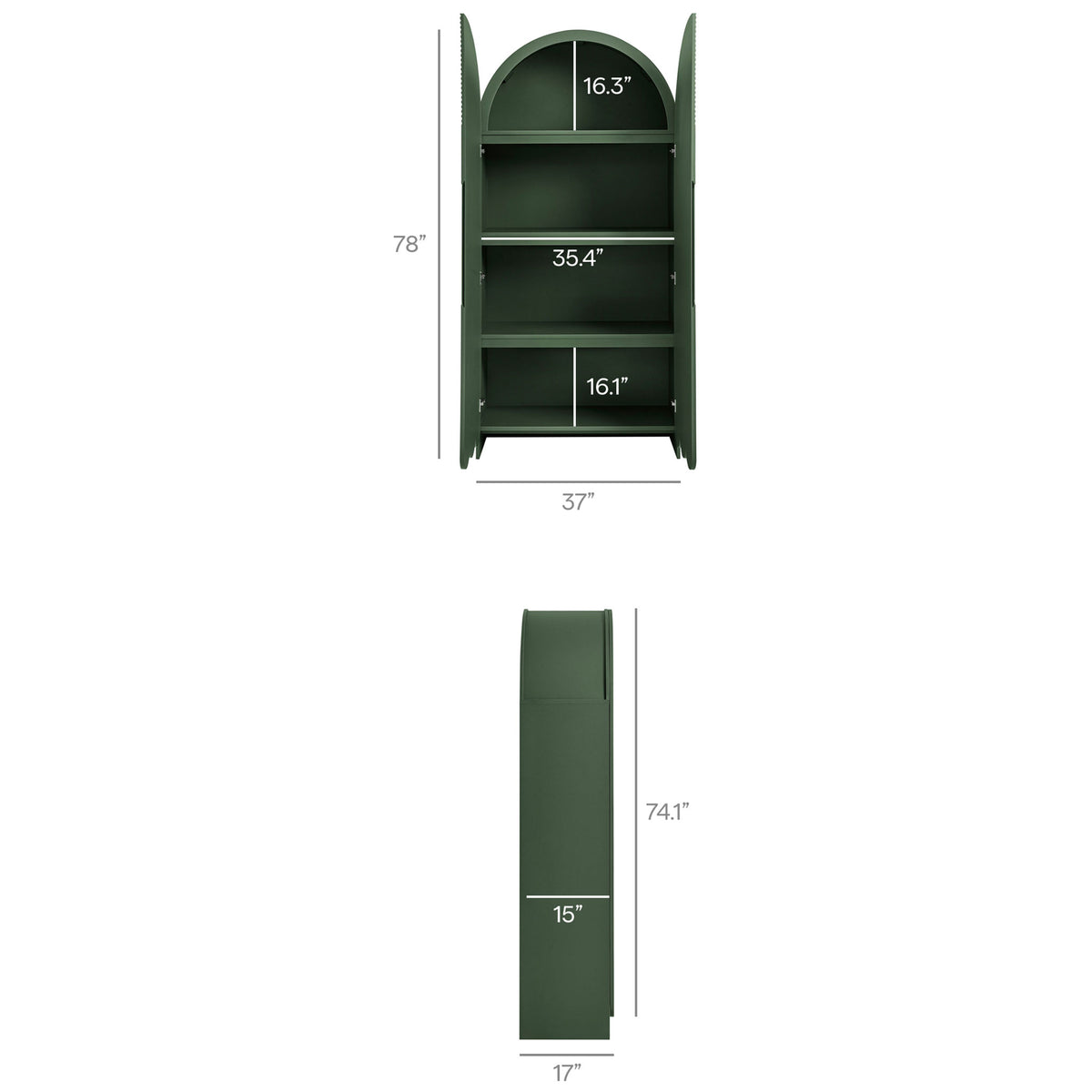 Dahlia hunter green cabinet dimension diagram showing overall height, width, depth, and shelf spacing || EEI-7570-HGR || dimension_studio