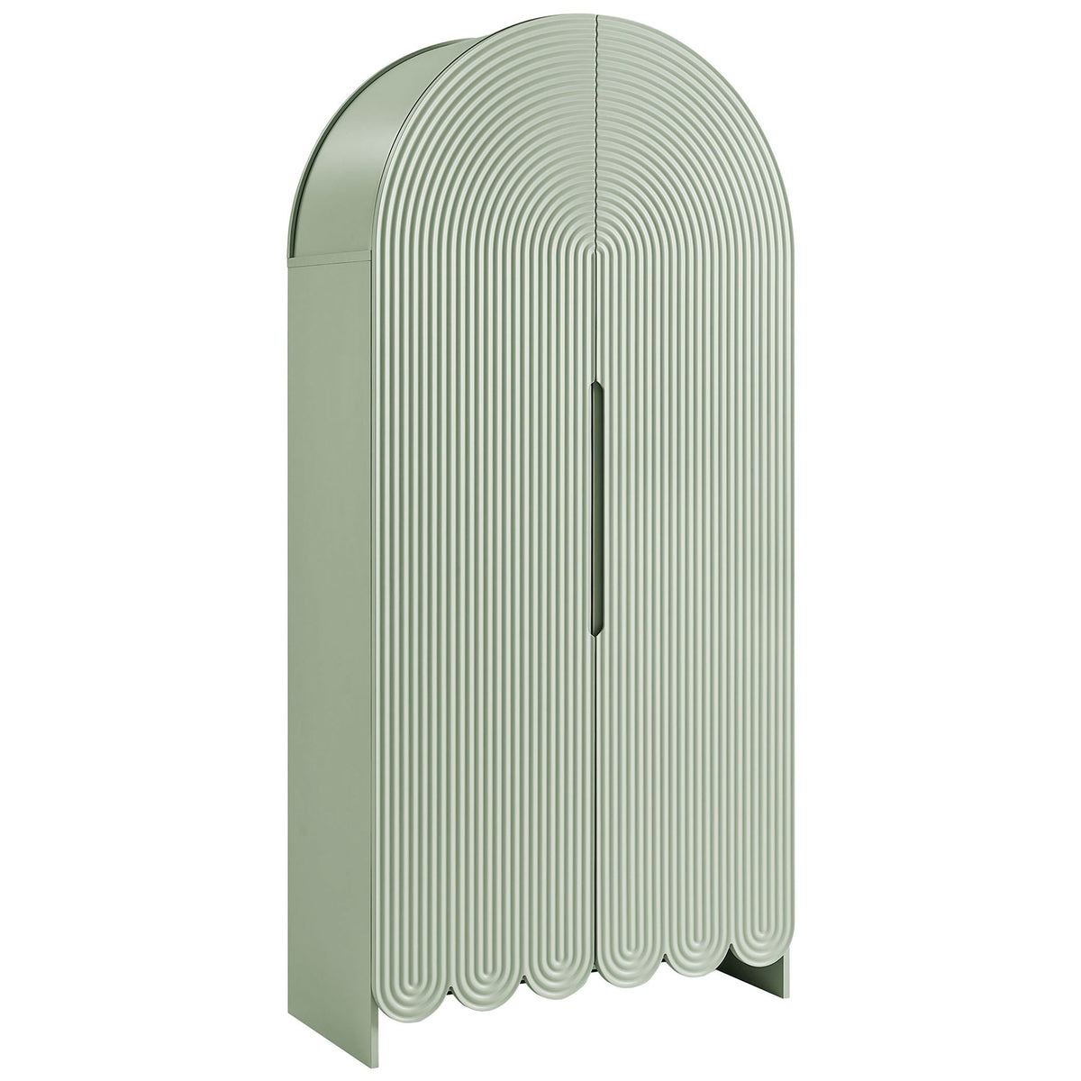 Tall sage green arched cabinet with rhythmic fluted doors and playful scalloped base || EEI-7570-SGE || front_angle_studio