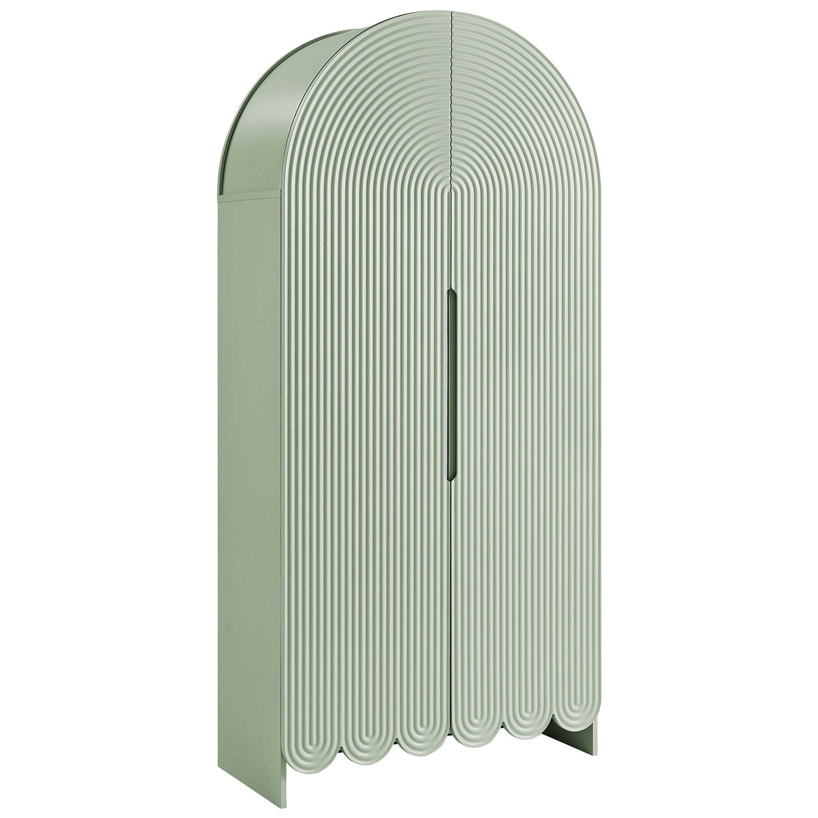 Tall sage green arched cabinet with rhythmic fluted doors and playful scalloped base || EEI-7570-SGE || front_angle_studio