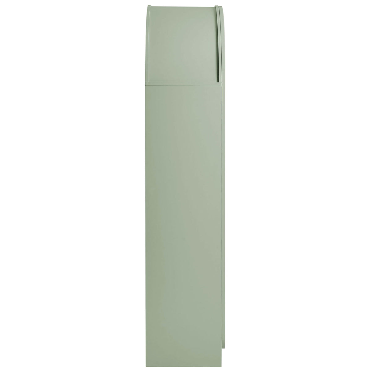 Slim sage green cabinet profile emphasizing smooth side panel and rounded arch top || EEI-7570-SGE || side_studio