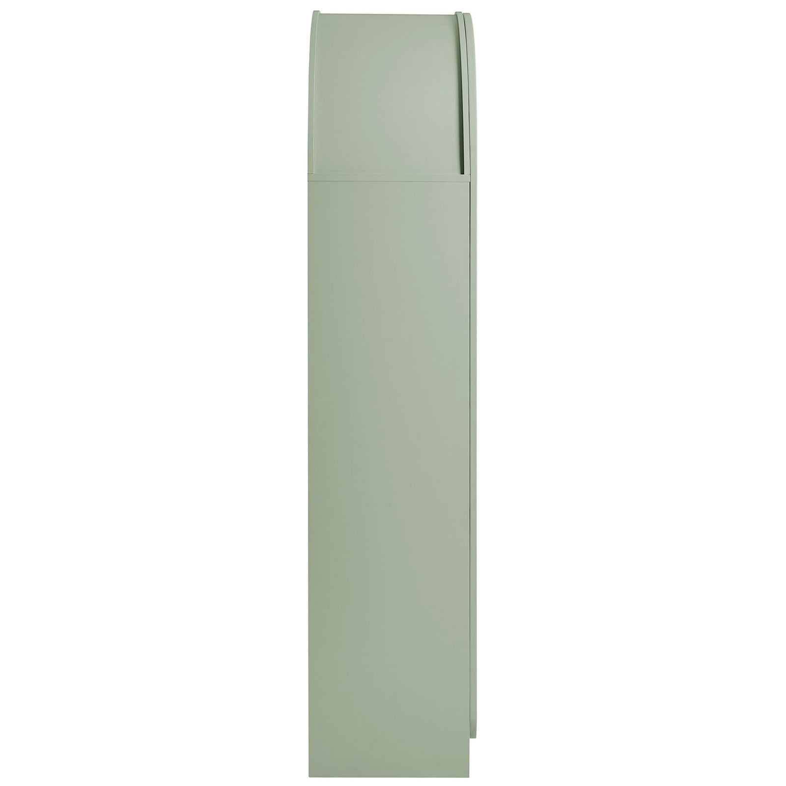Slim sage green cabinet profile emphasizing smooth side panel and rounded arch top || EEI-7570-SGE || side_studio