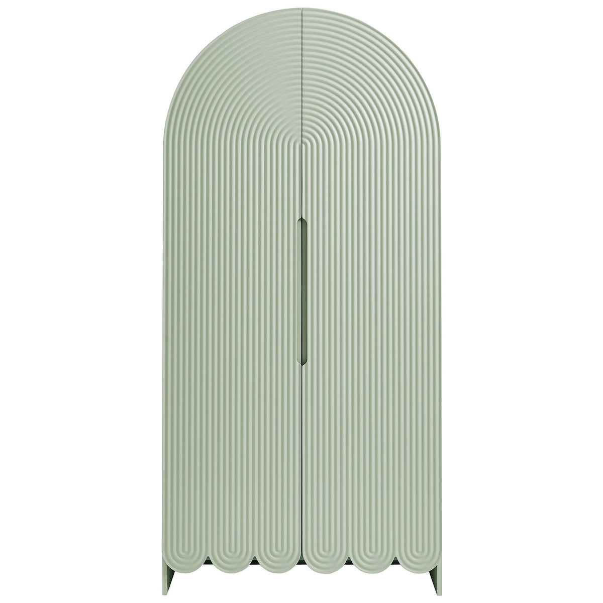Sage green fluted arched storage cabinet with recessed handle and scalloped base detailing || EEI-7570-SGE || front_studio