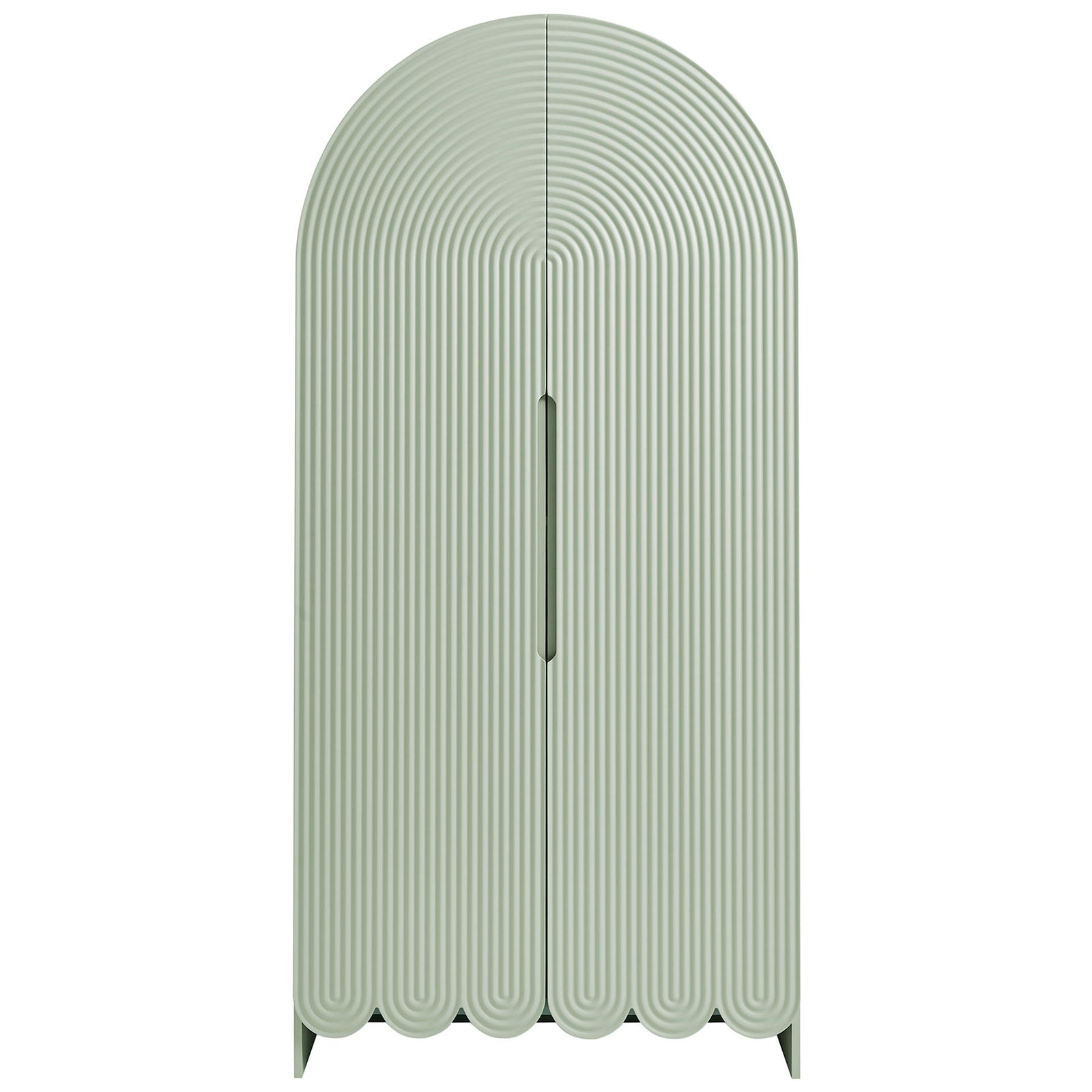Sage green fluted arched storage cabinet with recessed handle and scalloped base detailing || EEI-7570-SGE || front_studio