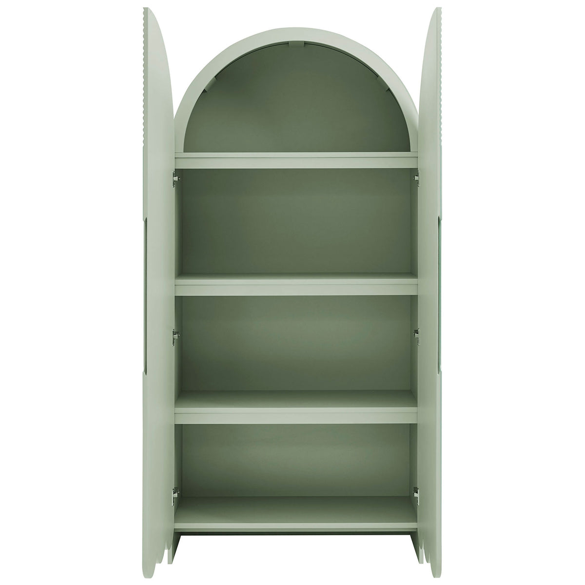 Sage green Dahlia cabinet with doors open to four roomy fixed shelves for versatile storage || EEI-7570-SGE || front_open_studio