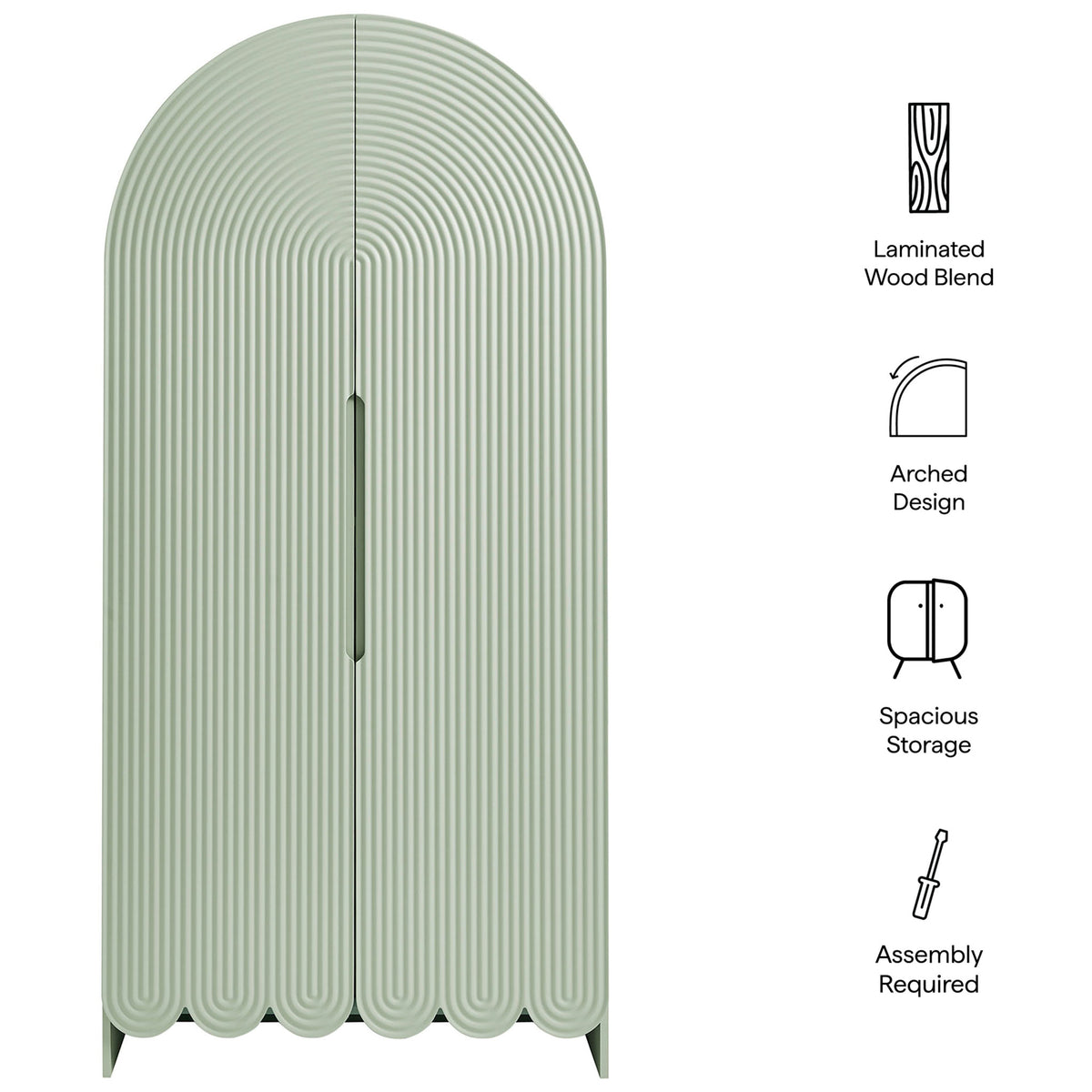 Dahlia sage green cabinet with feature icons for laminated wood blend, arched design, and storage || EEI-7570-SGE || callout_studio
