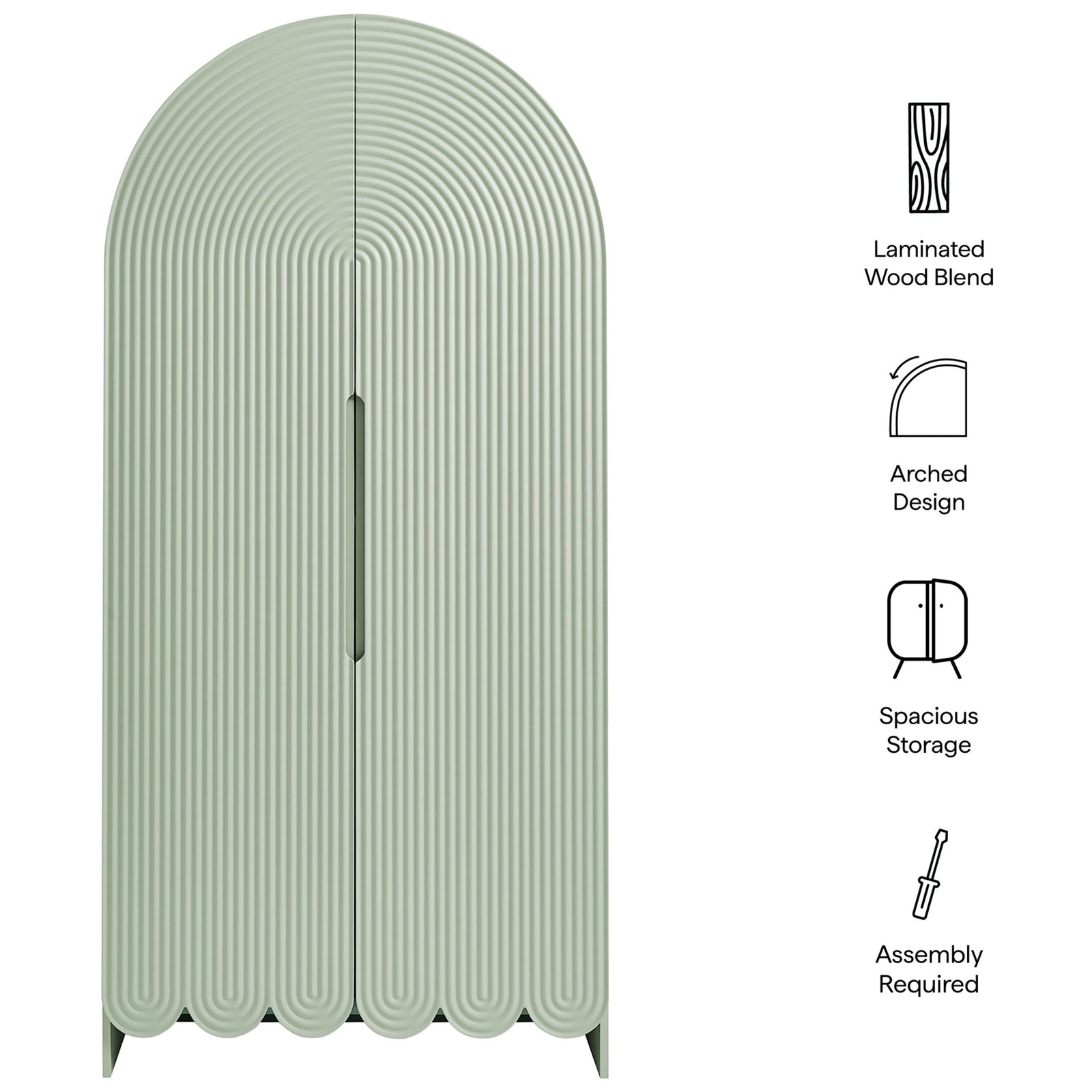 Dahlia sage green cabinet with feature icons for laminated wood blend, arched design, and storage || EEI-7570-SGE || callout_studio