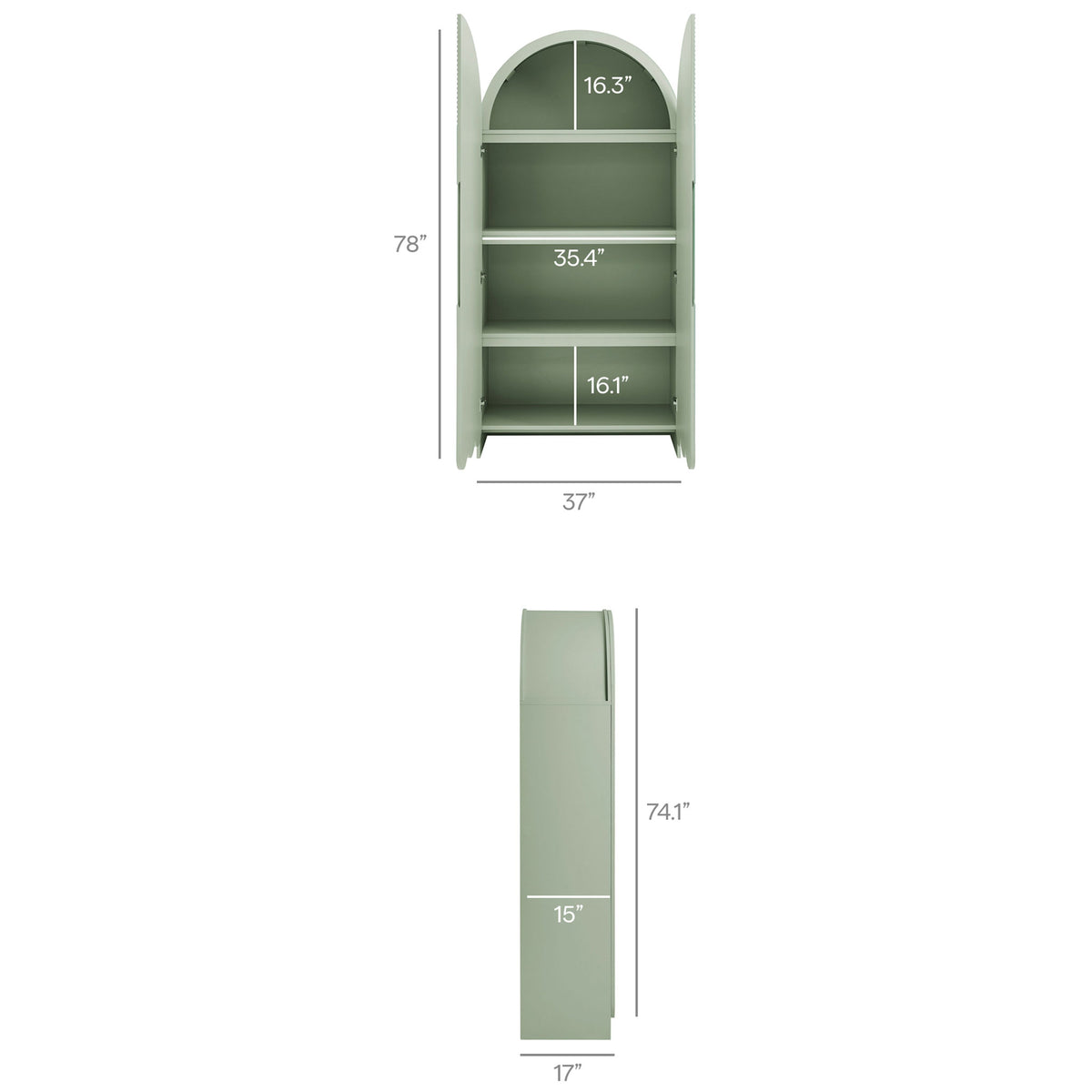 Dahlia sage green cabinet dimension layout with overall measurements and interior shelf spacing || EEI-7570-SGE || dimension_studio