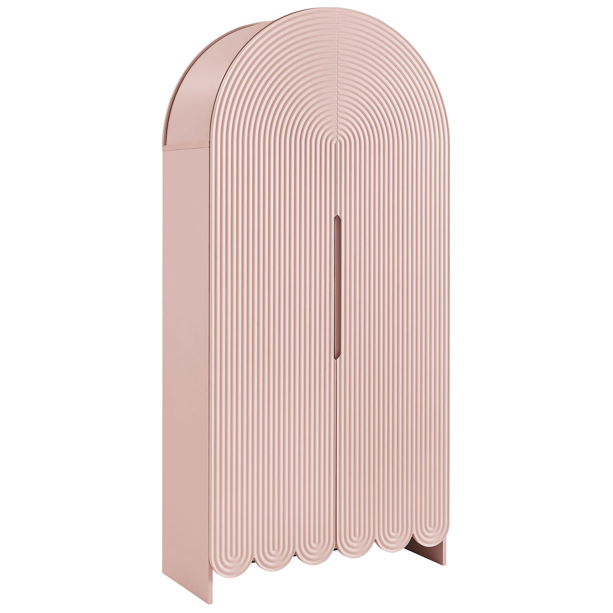 Tall soft pink arched cabinet with sculptural fluted doors and scalloped base for charming storage || EEI-7570-SPN || front_angle_studio
