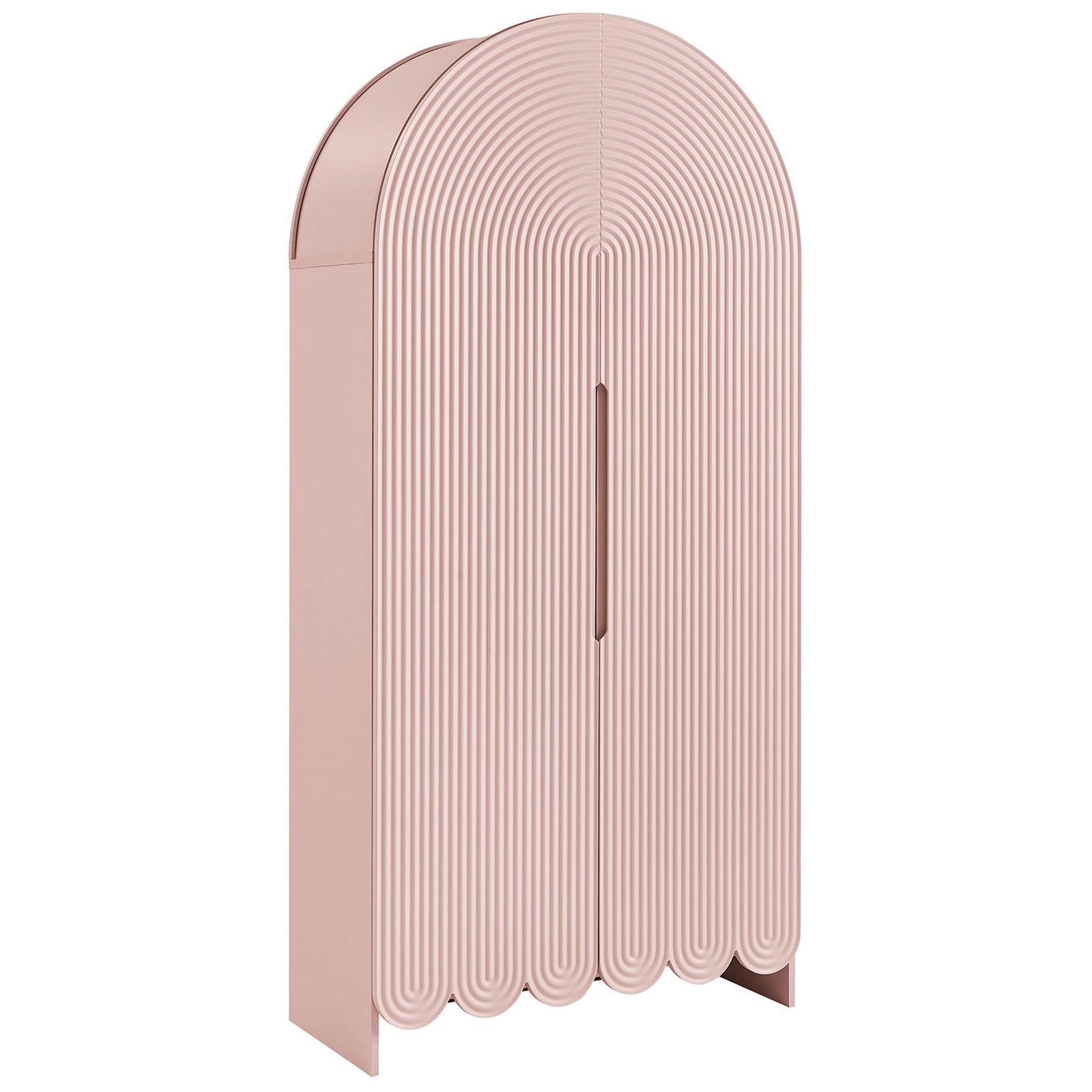 Tall soft pink arched cabinet with sculptural fluted doors and scalloped base for charming storage || EEI-7570-SPN || front_angle_studio