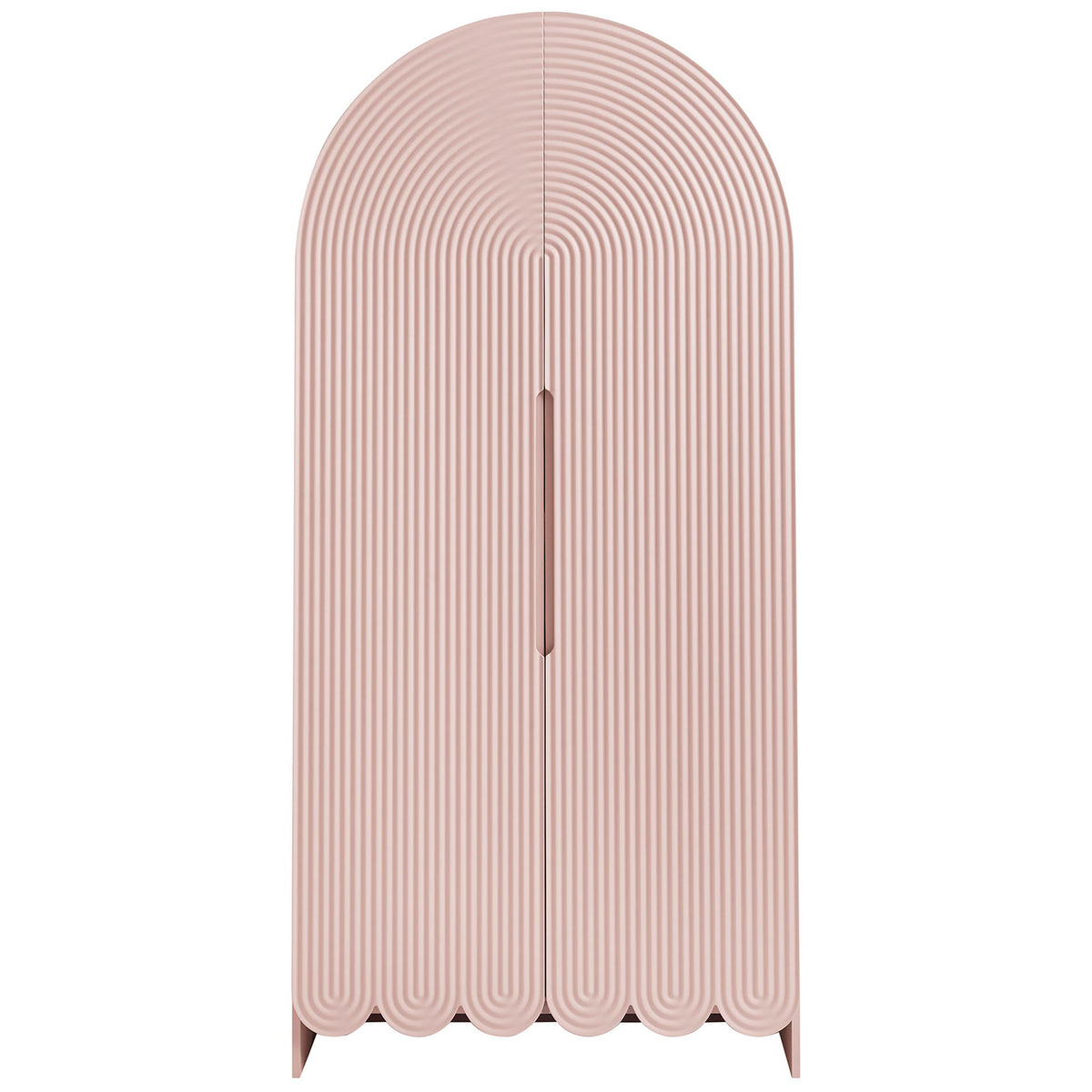 Soft pink fluted arched storage cabinet with slender recessed handle and scalloped base || EEI-7570-SPN || front_studio