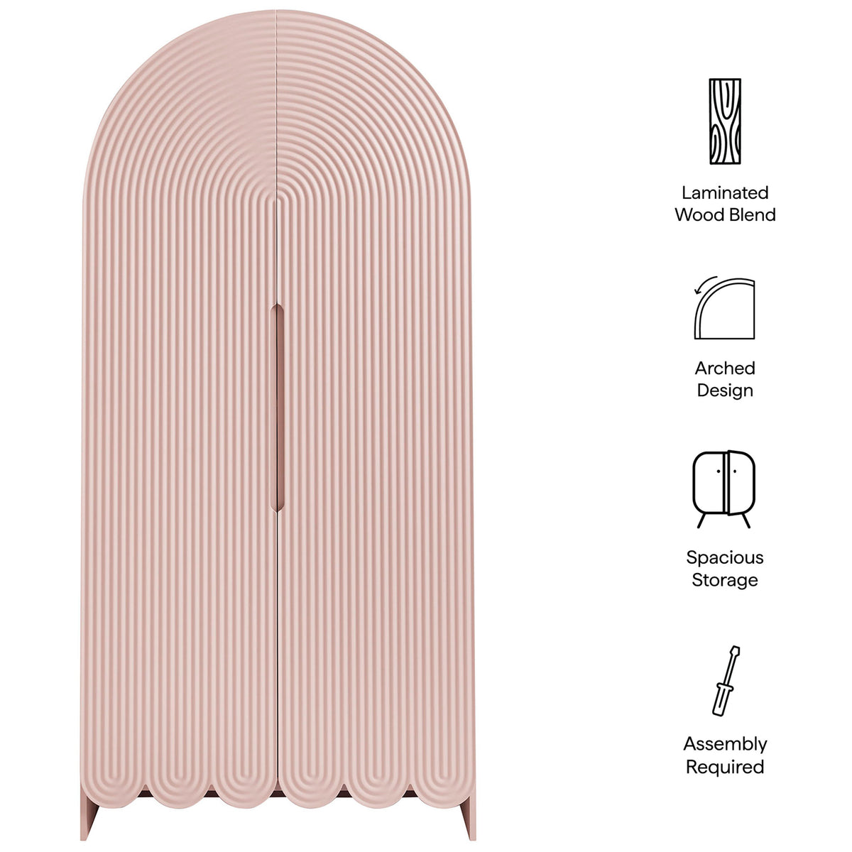 Dahlia soft pink cabinet with illustrated icons for laminated wood, arched design, and spacious storage || EEI-7570-SPN || callout_studio