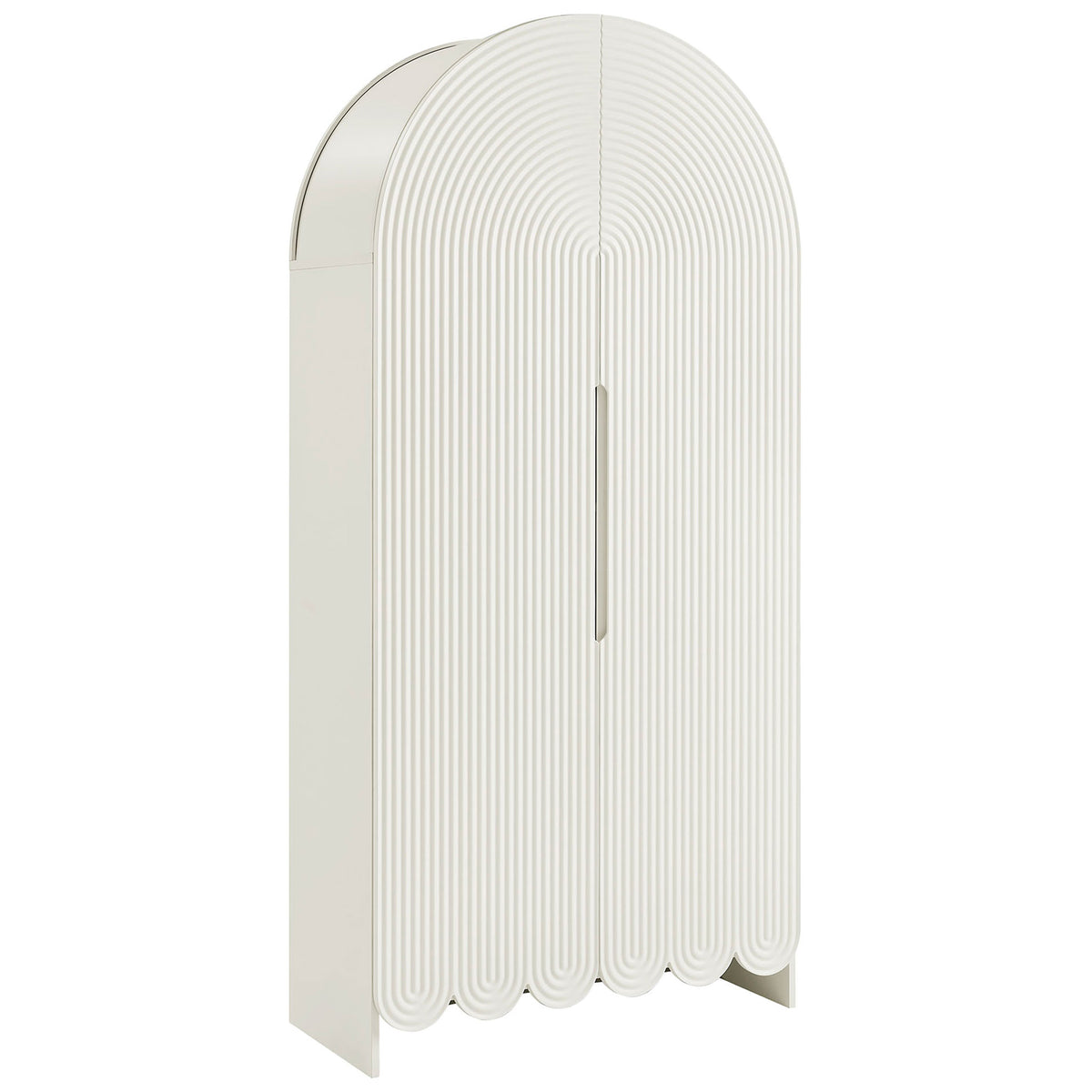 Tall white arched cabinet with fluted doors and scalloped base for clean modern storage || EEI-7570-WHI || front_angle_studio