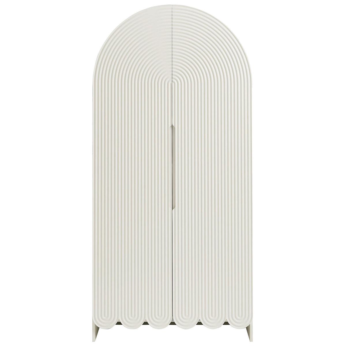 White fluted arched storage cabinet with narrow recessed handle and scalloped base || EEI-7570-WHI || front_studio