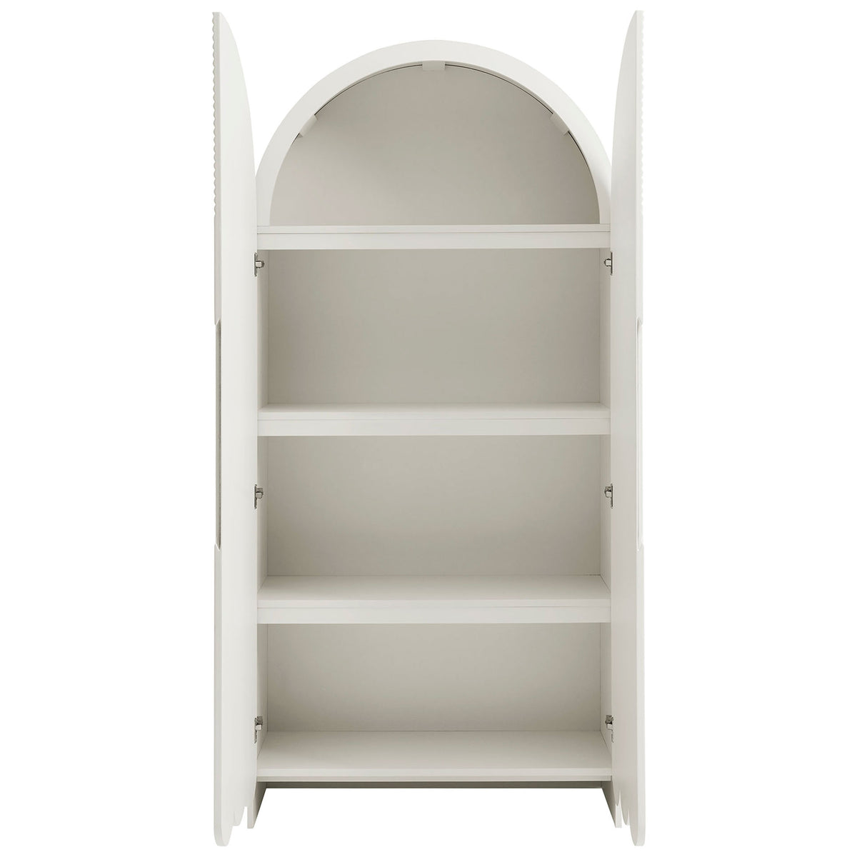 White Dahlia cabinet with both doors open, revealing four spacious fixed interior shelves || EEI-7570-WHI || front_open_studio
