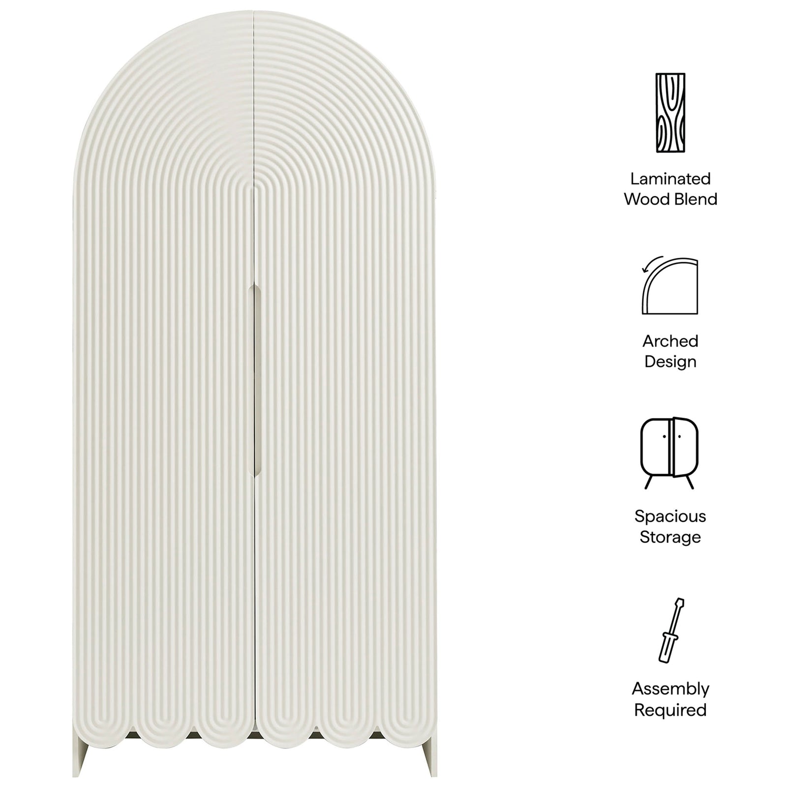 Dahlia white cabinet with feature icons highlighting laminated wood, arched design, and storage || EEI-7570-WHI || callout_studio