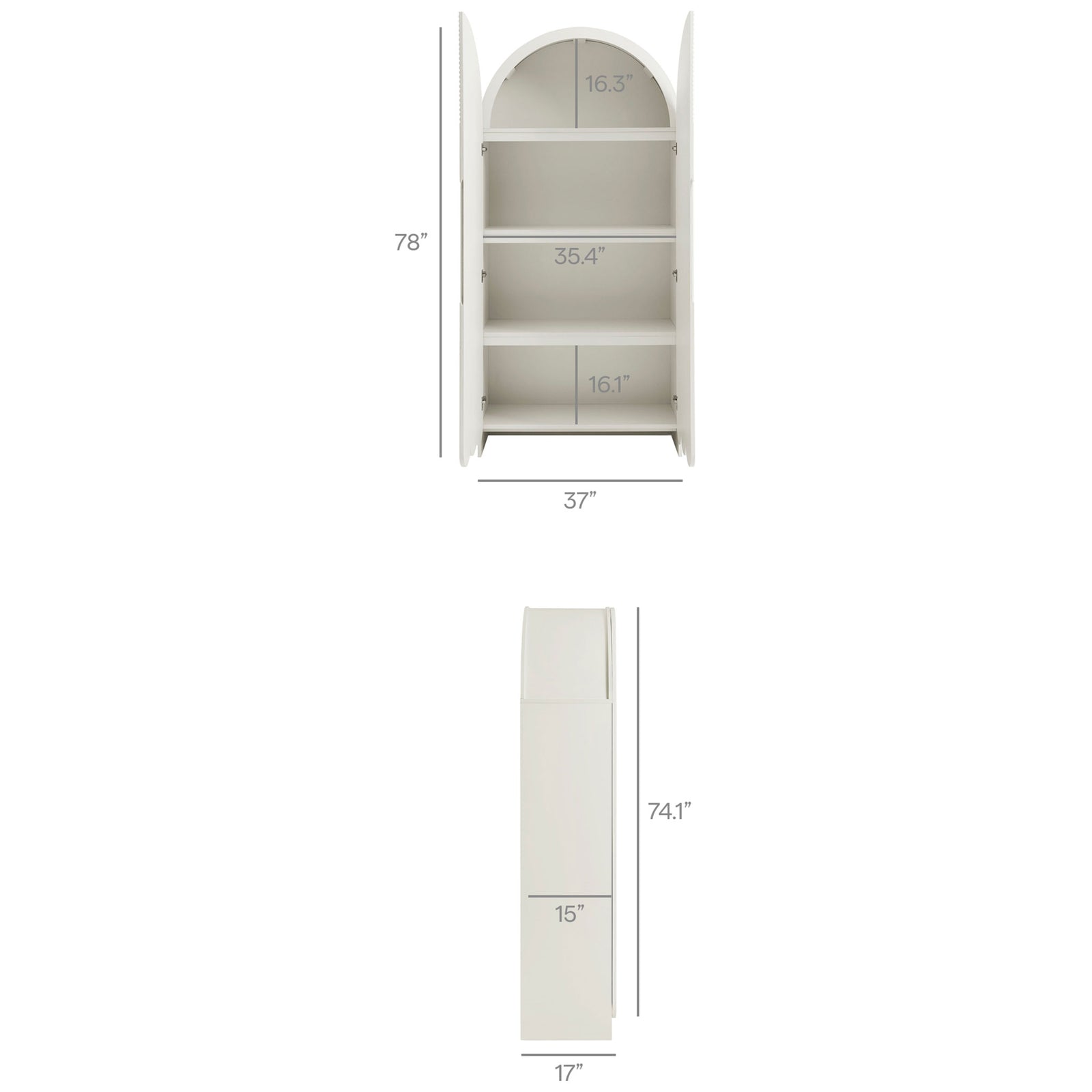 Dahlia white cabinet dimension overview with overall size and interior shelf spacing || EEI-7570-WHI || dimension_studio