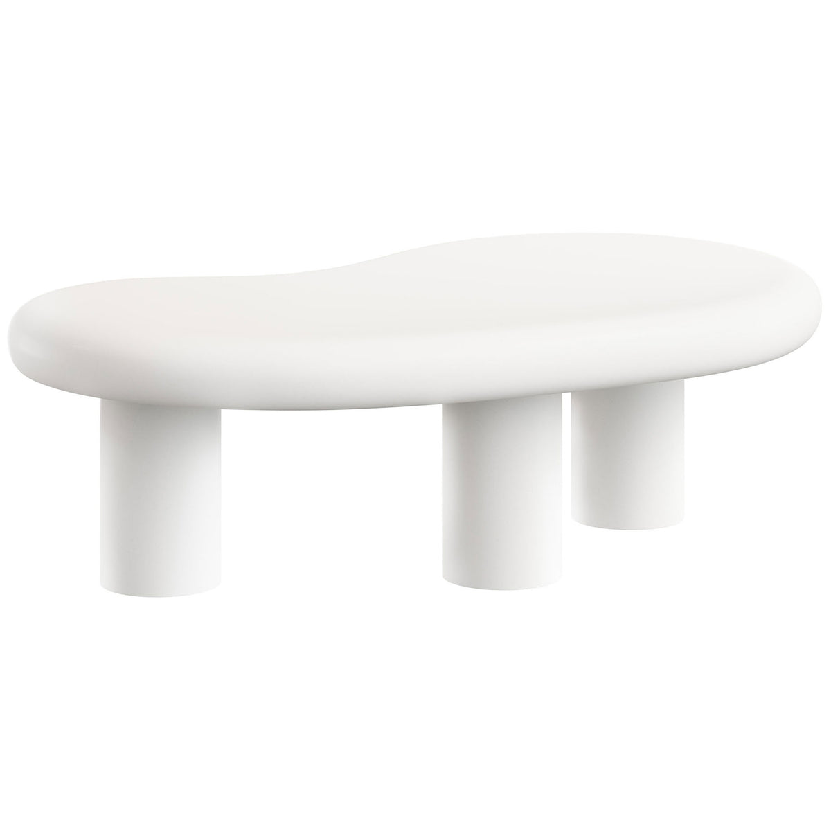 Elowen white concrete coffee table highlights its fluid kidney-bean silhouette and smooth, rounded edges || EEI-7571-WHI || back_angle_studio