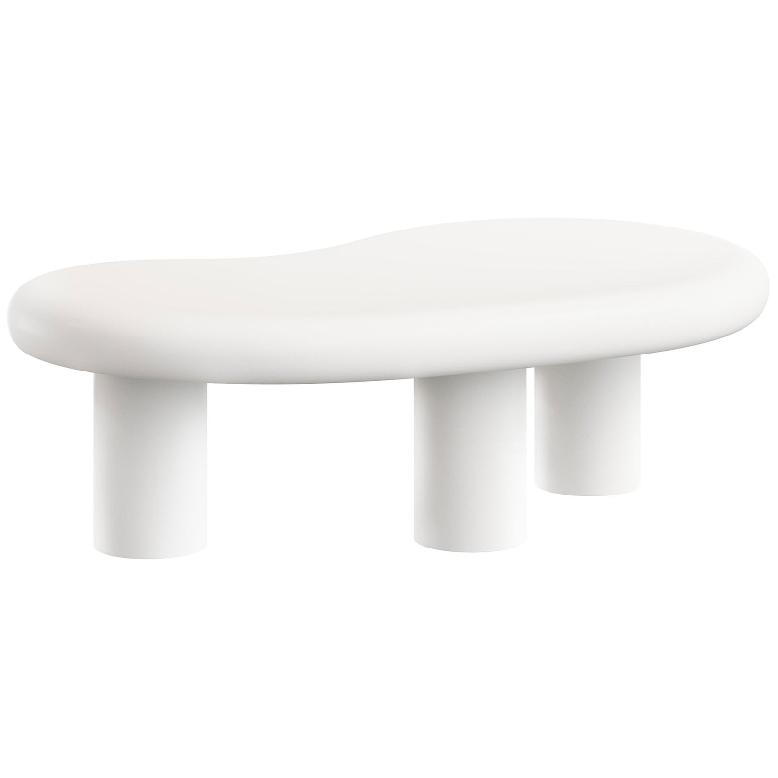Elowen white concrete coffee table highlights its fluid kidney-bean silhouette and smooth, rounded edges || EEI-7571-WHI || back_angle_studio