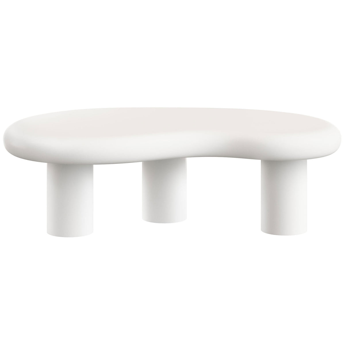 Elowen coffee table in smooth white concrete with an organic kidney-shaped top and three cylindrical legs || EEI-7571-WHI || front_studio
