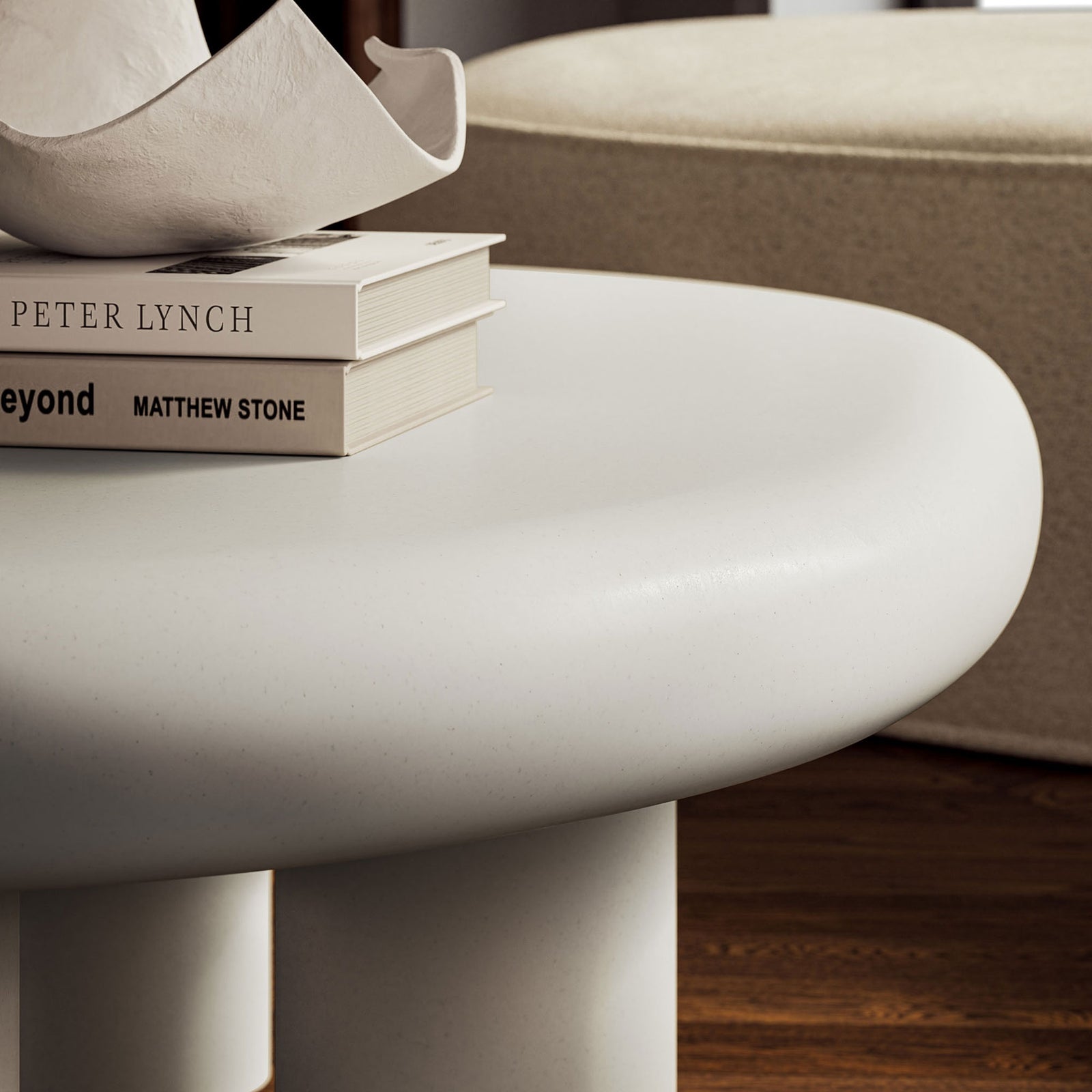 White concrete coffee table top adds a sleek, modern surface beside a neutral sofa and sculptural decor || EEI-7571-WHI || detail_room