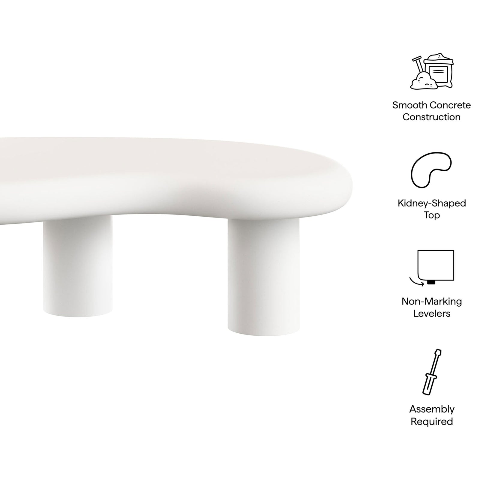 Feature icons describe the smooth concrete construction, kidney-shaped top, non-marking levelers, and simple assembly || EEI-7571-WHI || callout_studio