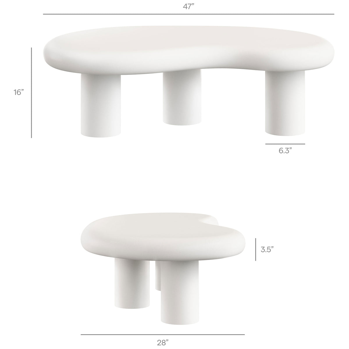 Dimension diagram for the Elowen white concrete coffee table lists overall length, height, and base width || EEI-7571-WHI || dimension_studio