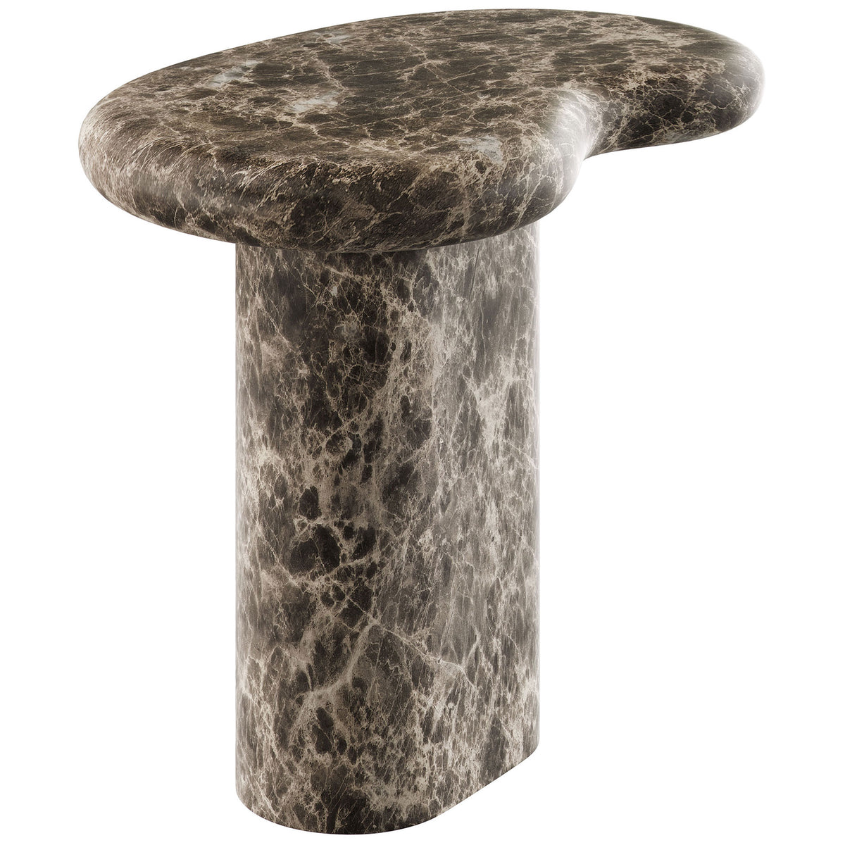 Sculptural faux Emperador marble side table showcasing its organic curves and rounded pedestal support || EEI-7572-EMP || front_angle_studio