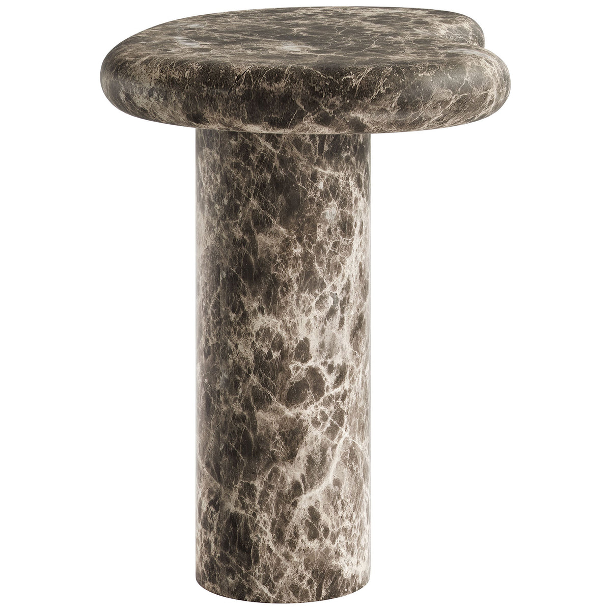 Concrete faux marble pedestal side table showing its slim profile and sculptural cylinder base || EEI-7572-EMP || side_studio