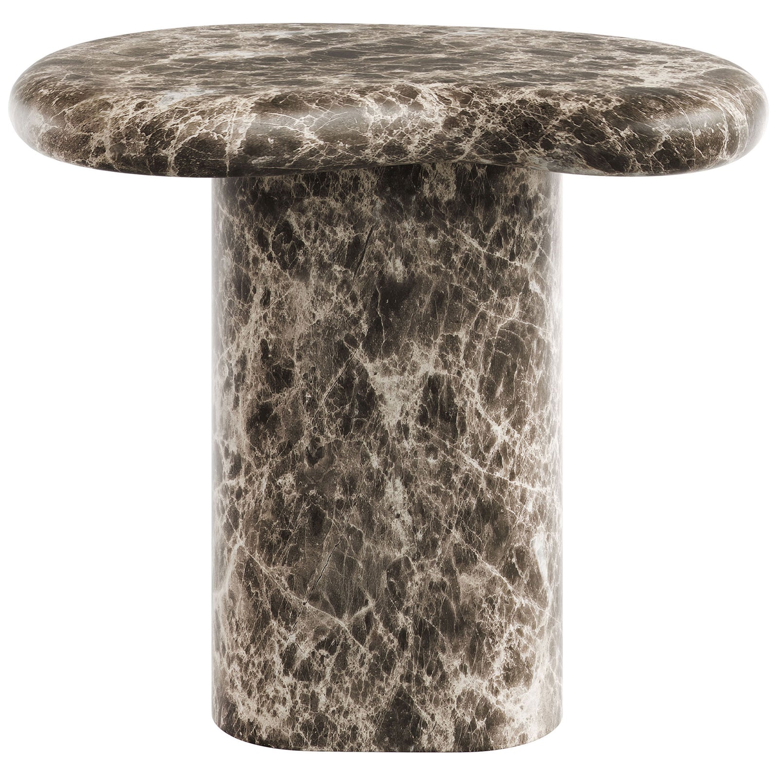 Kidney-shaped dark faux marble side table with smooth pedestal base for modern indoor or outdoor spaces || EEI-7572-EMP || front_studio