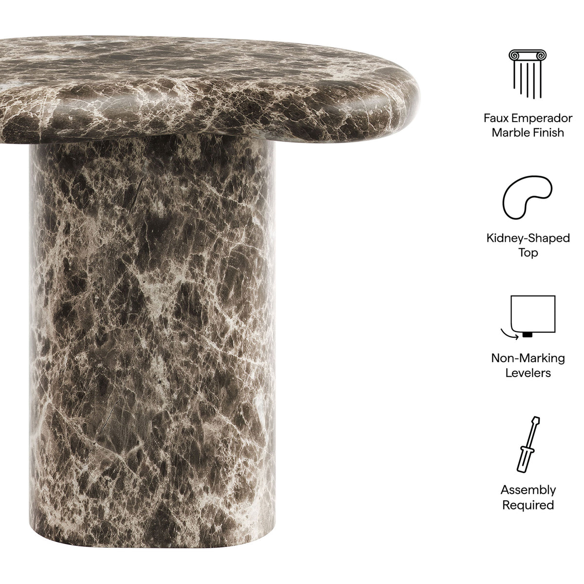 Faux marble kidney-shaped side table with icons calling out finish, sculptural top, levelers, and easy assembly || EEI-7572-EMP || callout_studio