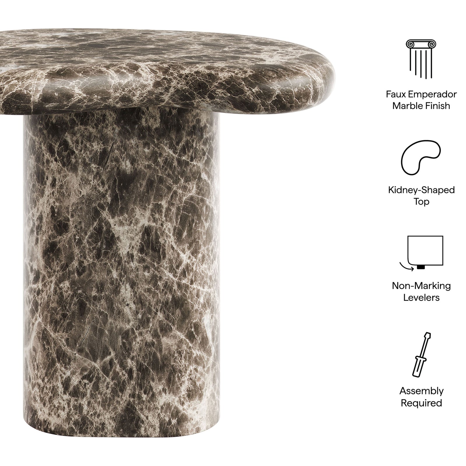 Faux marble kidney-shaped side table with icons calling out finish, sculptural top, levelers, and easy assembly || EEI-7572-EMP || callout_studio