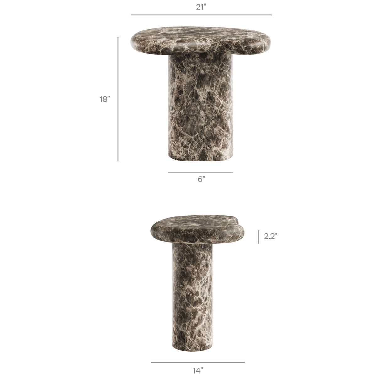 Dimension diagram of the faux marble side table showing overall height, width, tabletop thickness, and base width || EEI-7572-EMP || dimension_studio