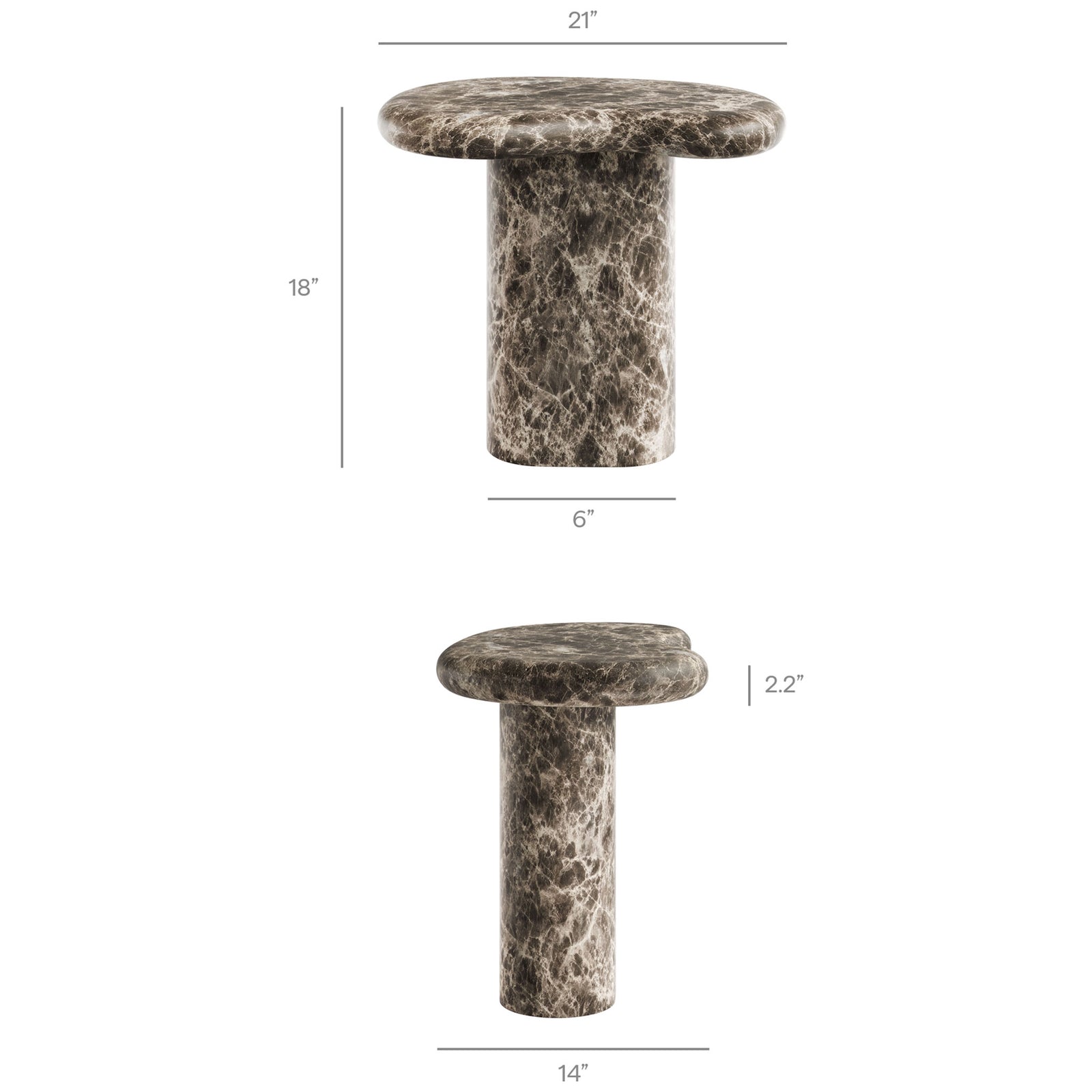 Dimension diagram of the faux marble side table showing overall height, width, tabletop thickness, and base width || EEI-7572-EMP || dimension_studio
