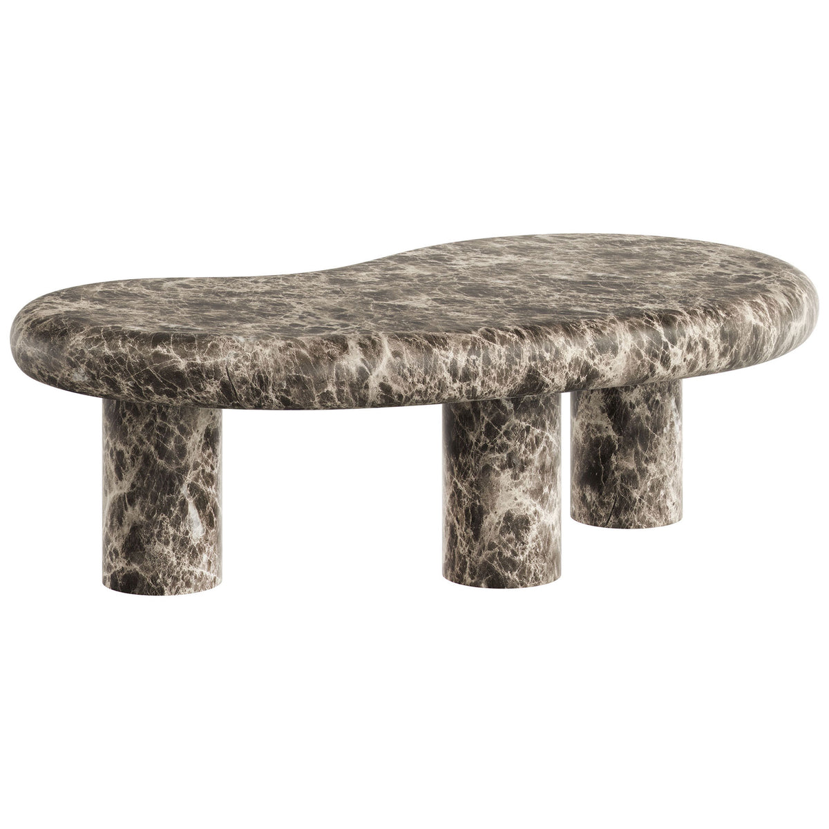 Curved faux marble coffee table shows off its smooth rounded edges and graphic dark brown emperador pattern || EEI-7573-EMP || back_angle_studio