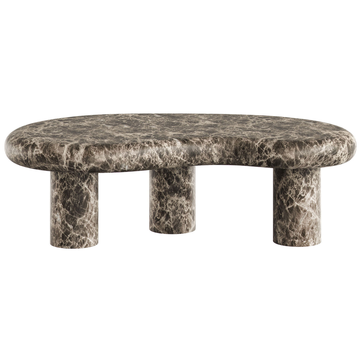 Elowen coffee table in dark faux emperador marble with sculptural kidney-shaped top and three pedestal legs || EEI-7573-EMP || front_studio