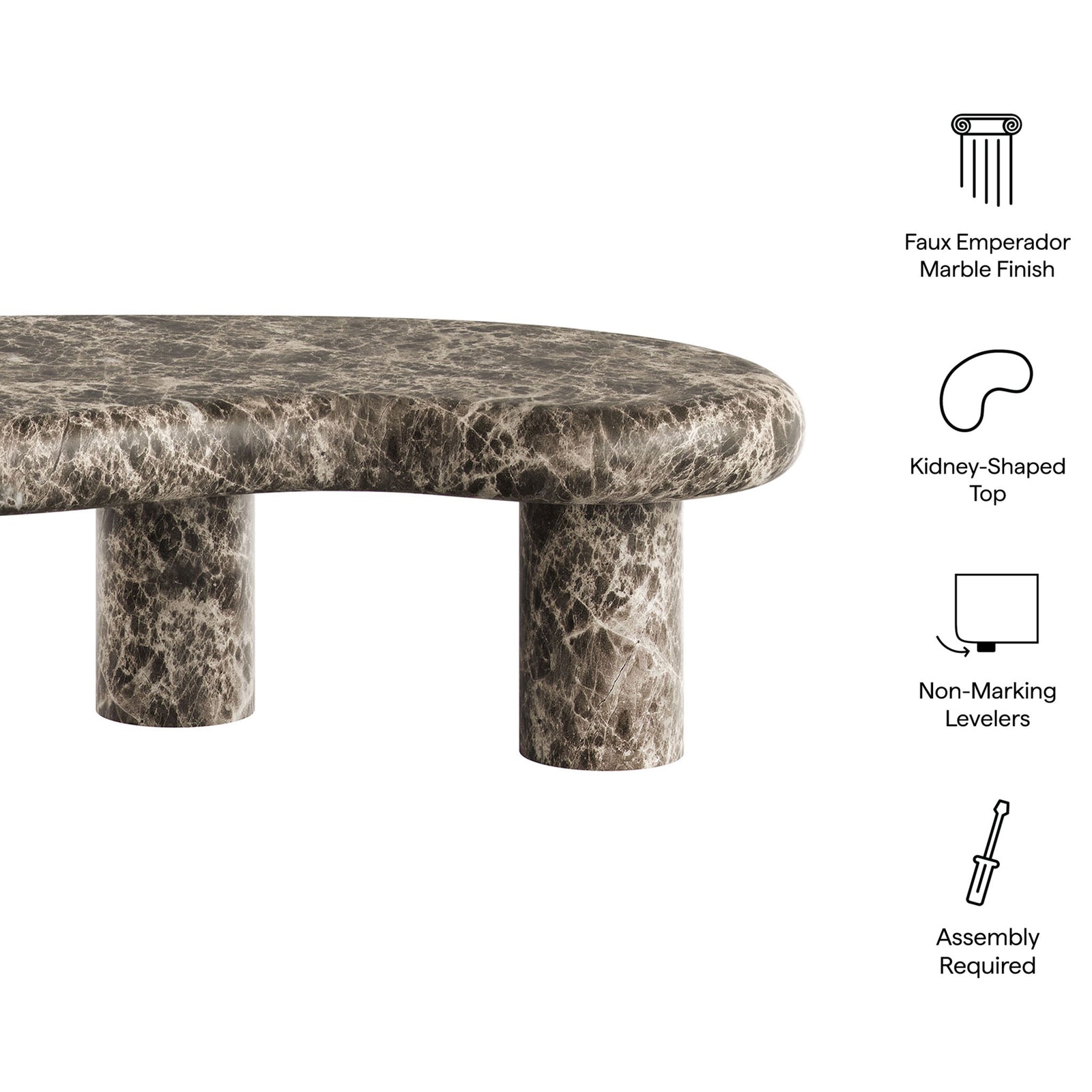 Feature icons highlight the faux emperador marble finish, kidney-shaped top, non-marking levelers, and easy assembly || EEI-7573-EMP || callout_studio