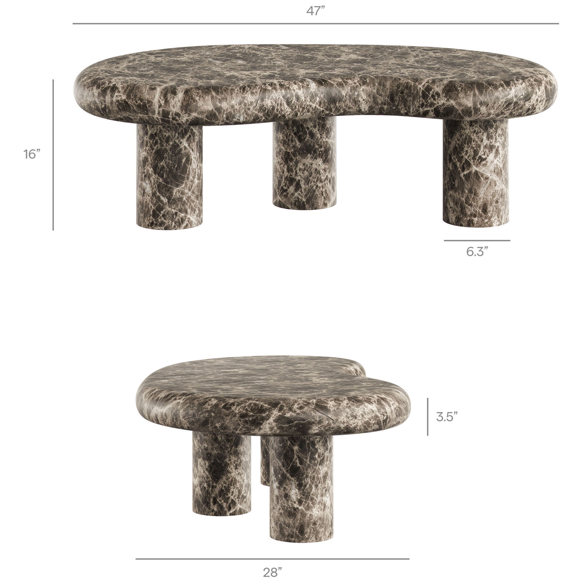Dimension diagram of the Elowen faux marble coffee table shows overall length, width, height, and base measurements || EEI-7573-EMP || dimension_studio