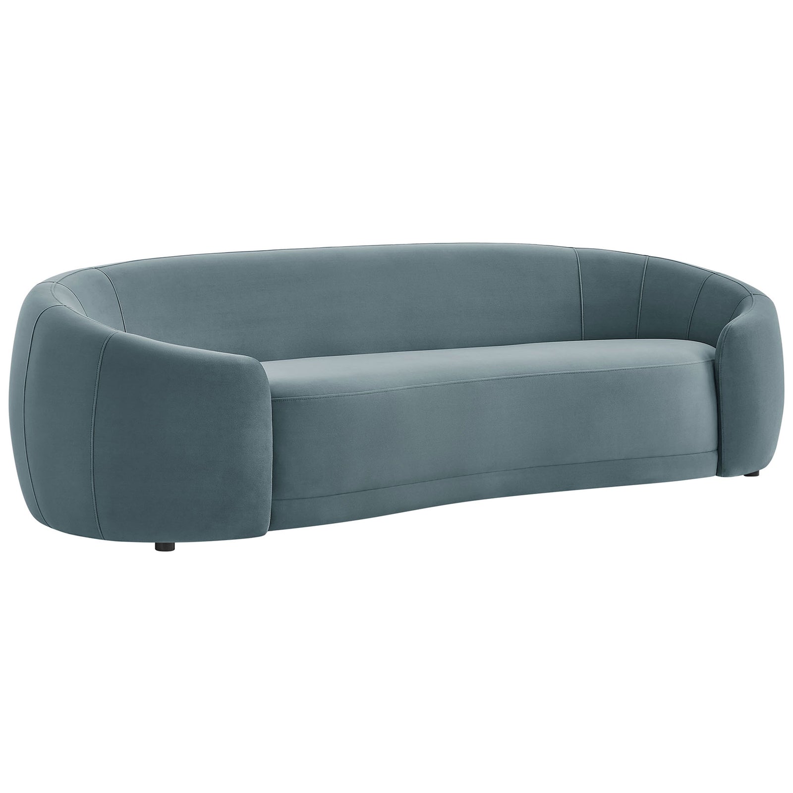 Curved cadet blue velvet sofa with low profile and smooth tight-back silhouette. || EEI-7581-CAB || front_angle_studio