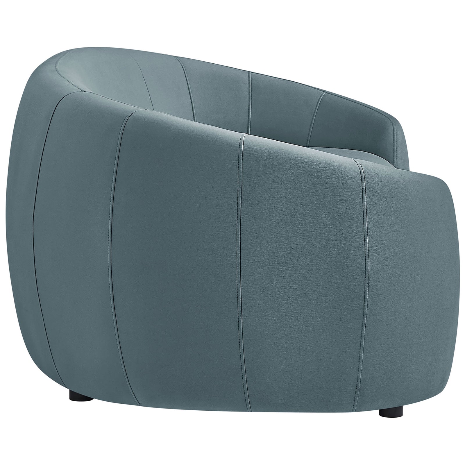 Rounded sofa arm and side panel seams highlighting the sculpted cadet blue velvet upholstery. || EEI-7581-CAB || detail_studio