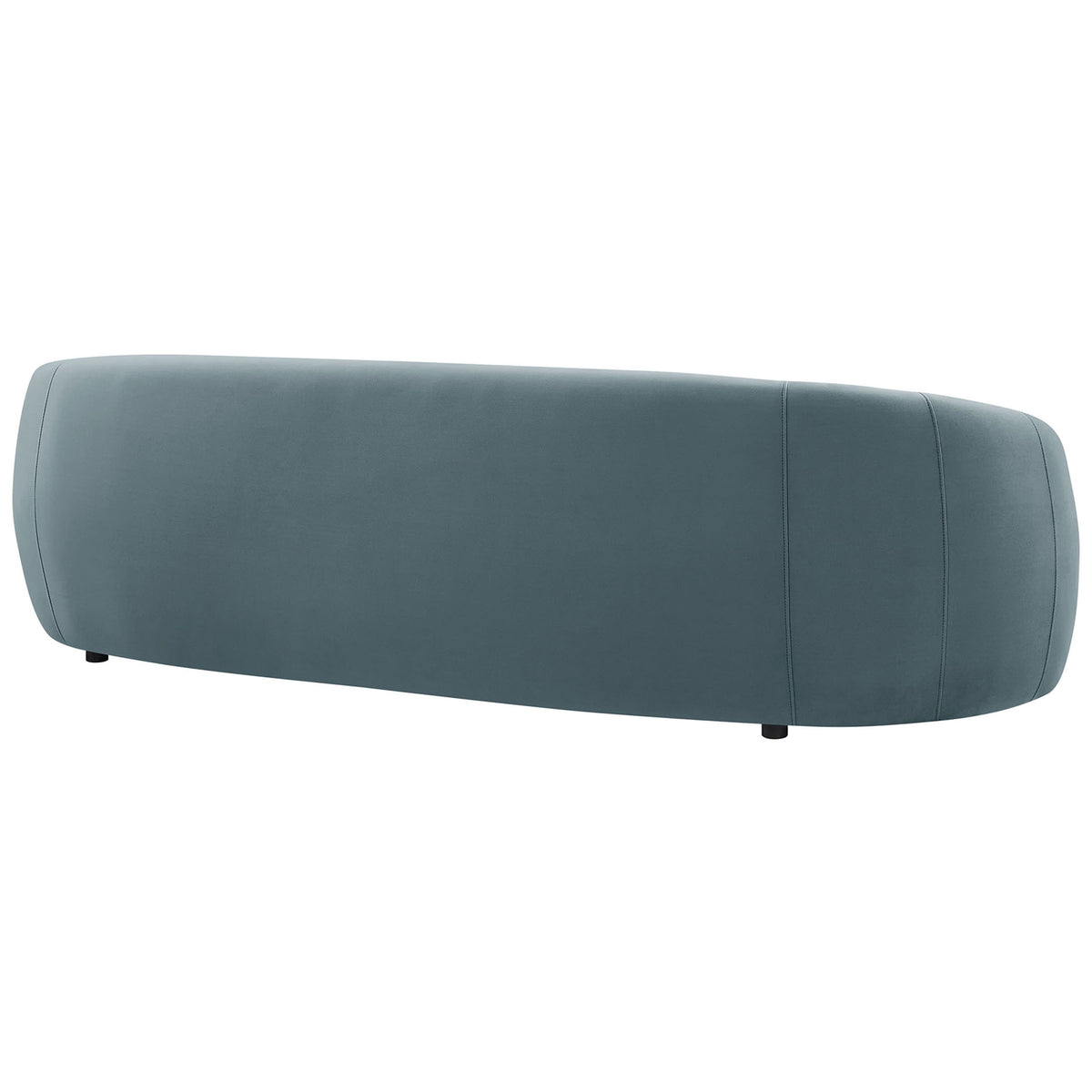 Sleek continuous back of the cadet blue velvet sofa with gently flared sides and smooth finish. || EEI-7581-CAB || back_studio