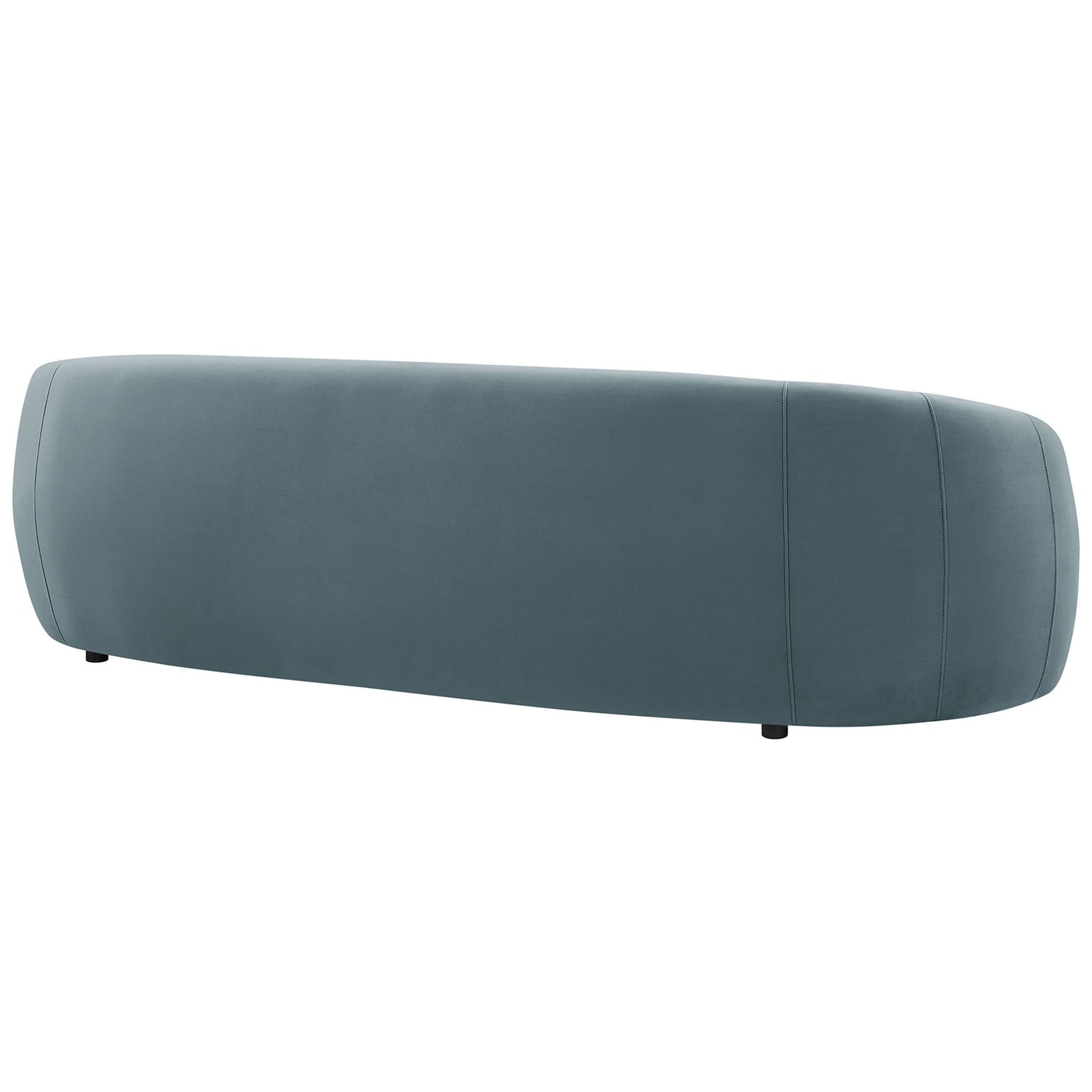 Sleek continuous back of the cadet blue velvet sofa with gently flared sides and smooth finish. || EEI-7581-CAB || back_studio
