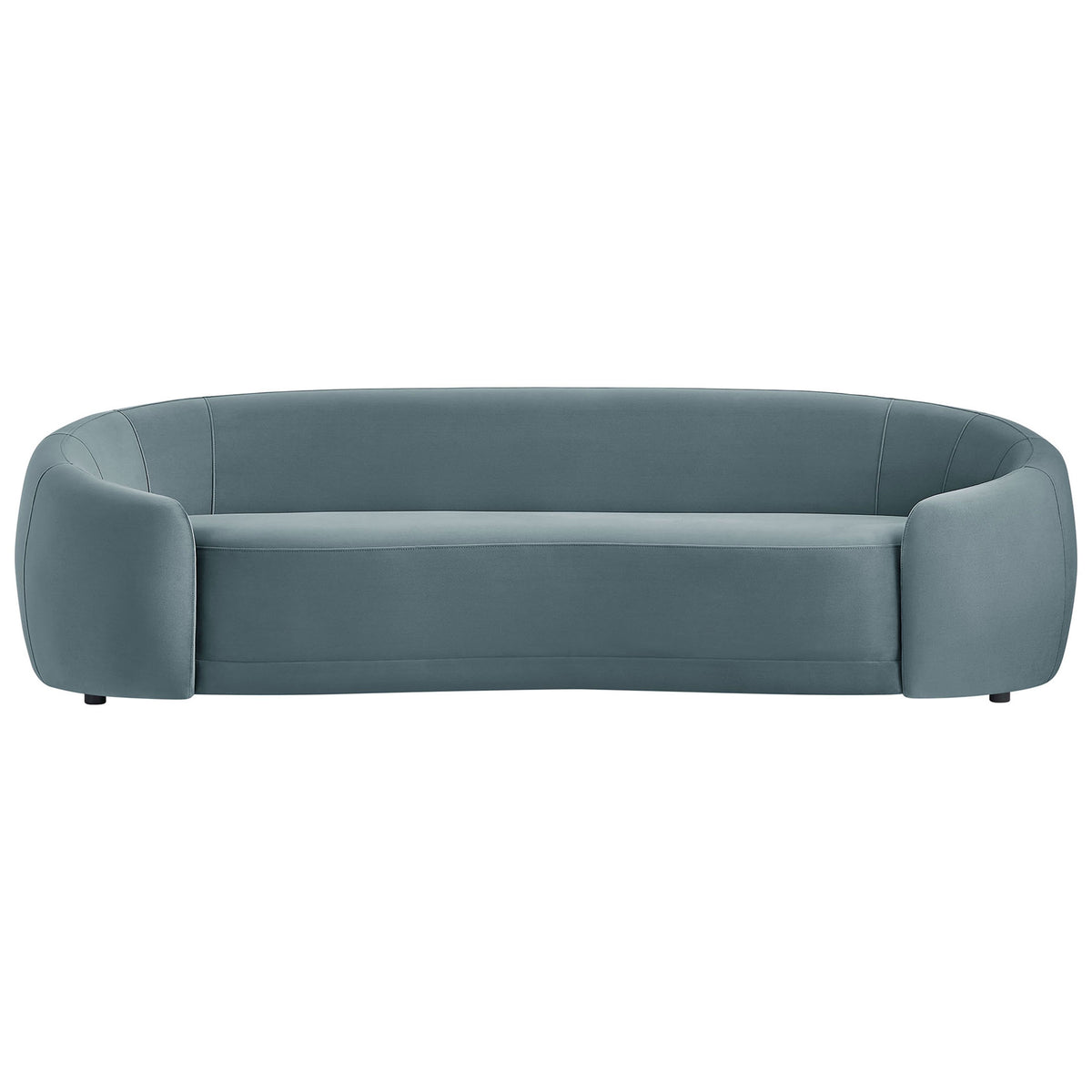 Modern cadet blue velvet sofa with sculpted curved silhouette and plush, inviting three-seat design. || EEI-7581-CAB || front_studio